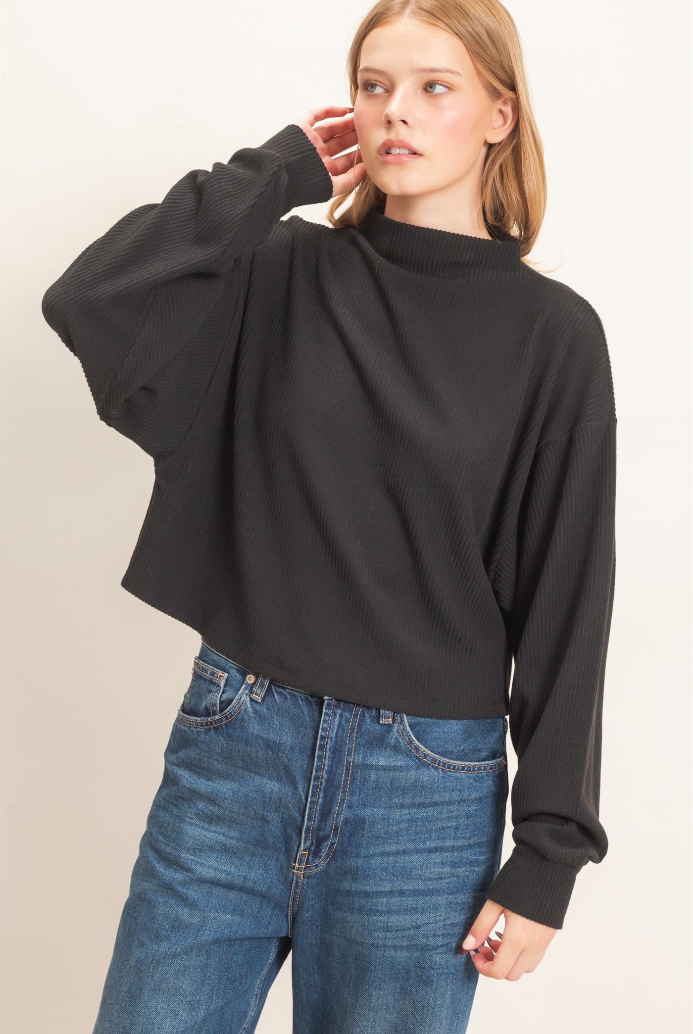 Wholesale Ribbed Mock Neck Top Clothing Tops HF26F030 BLACK HYFVE