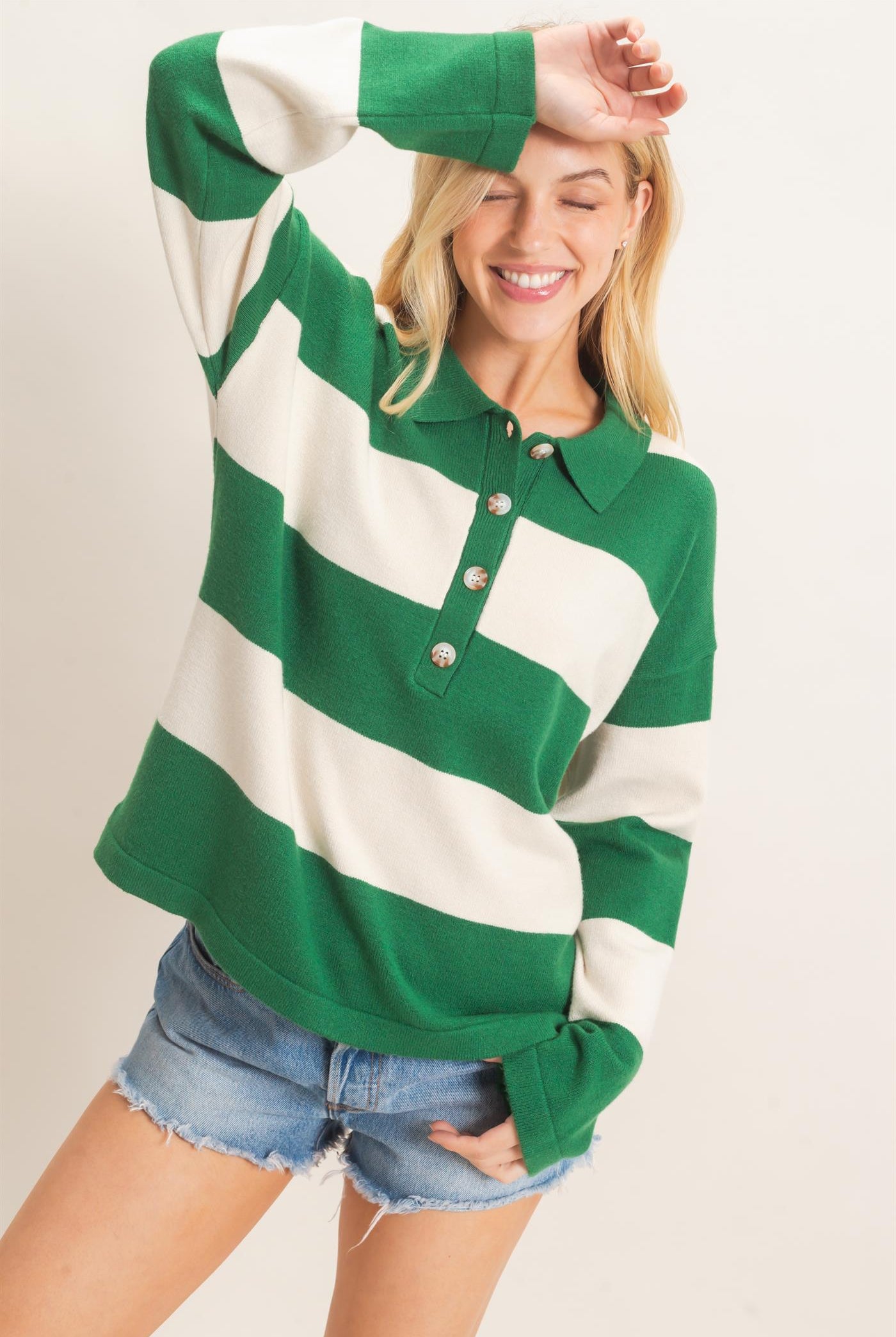 Wholesale Striped Button-Up Sweater Sweaters HF26F198 GREEN HYFVE