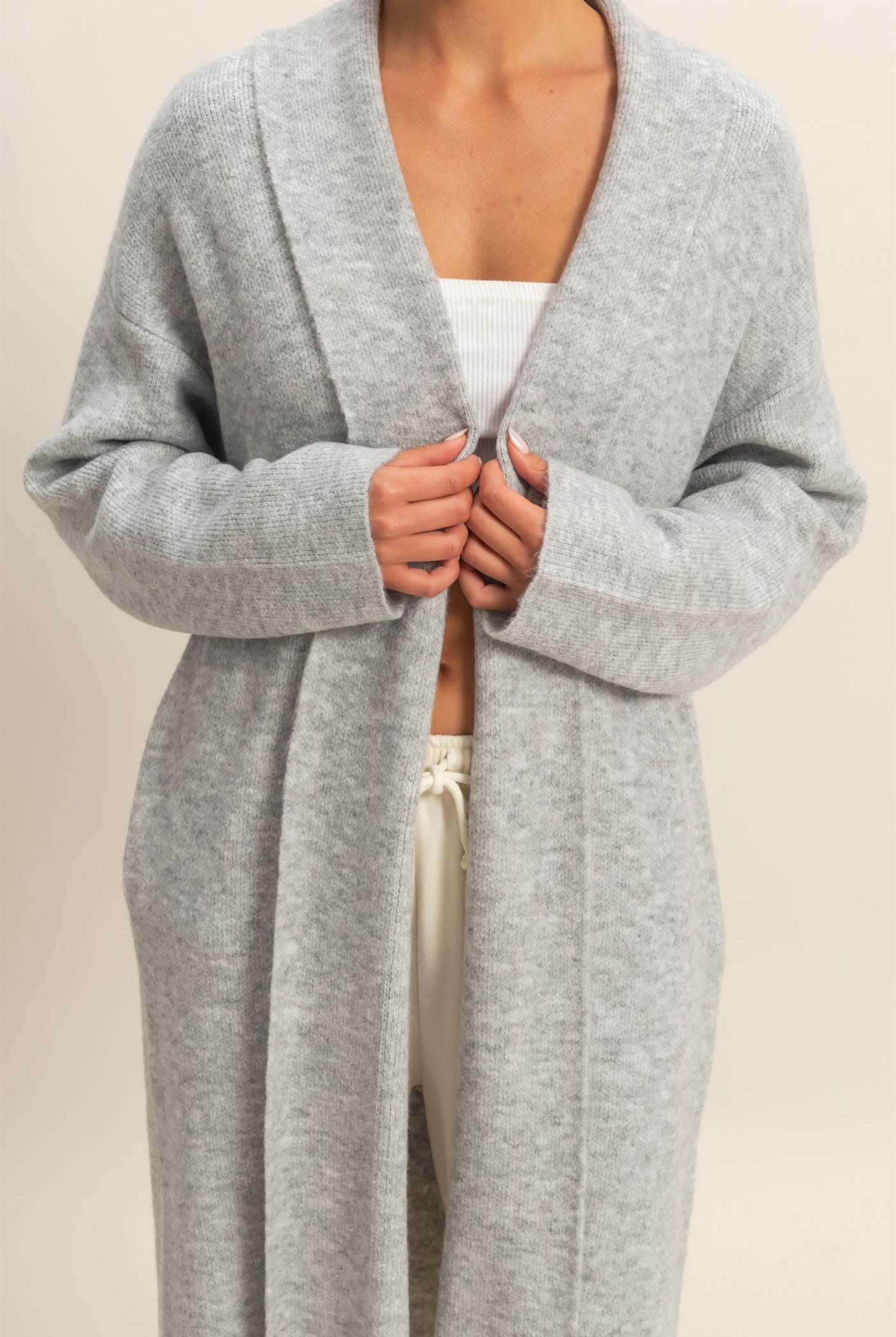 Wholesale Longline Open Front Duster Sweater Cardigans DZ25F435 HEATHER GRAY DOUBLE ZERO