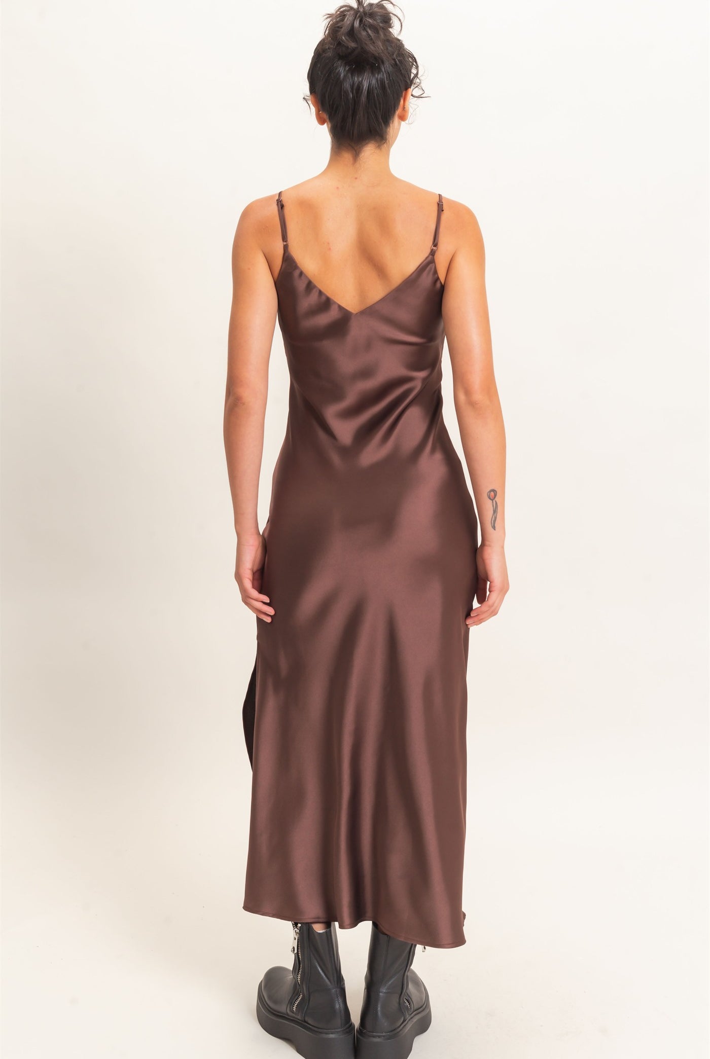 Wholesale Satin V-Neck Slip Dress Dresses DZ26E262 DARK BROWN DOUBLE ZERO