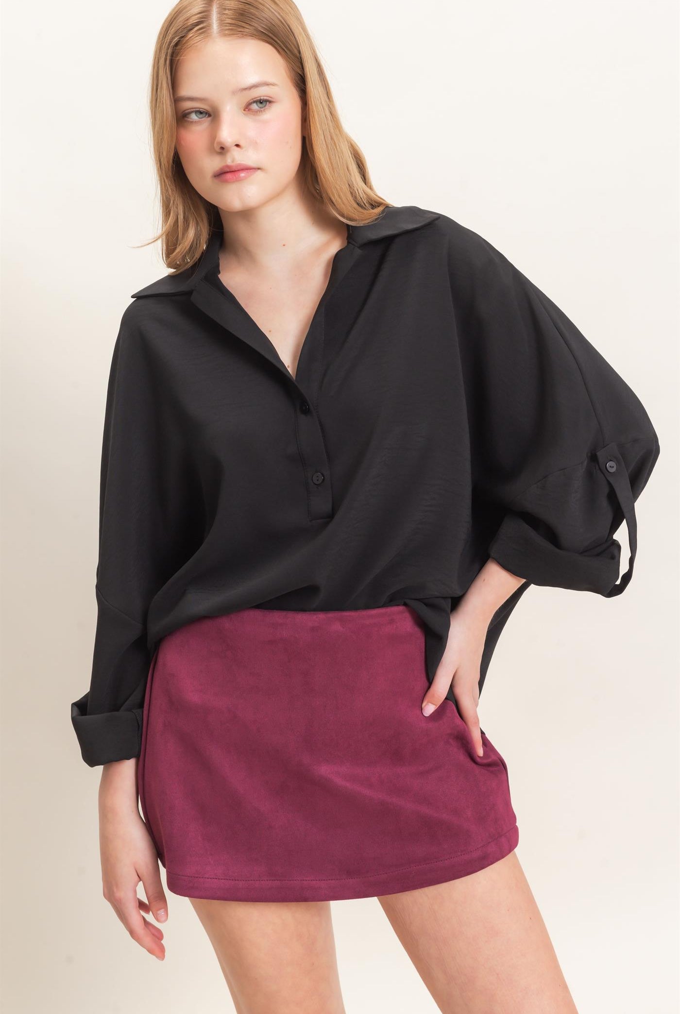 Wholesale Buttoned Collar Split Sleeve Top Clothing Tops HF26F071 BLACK HYFVE