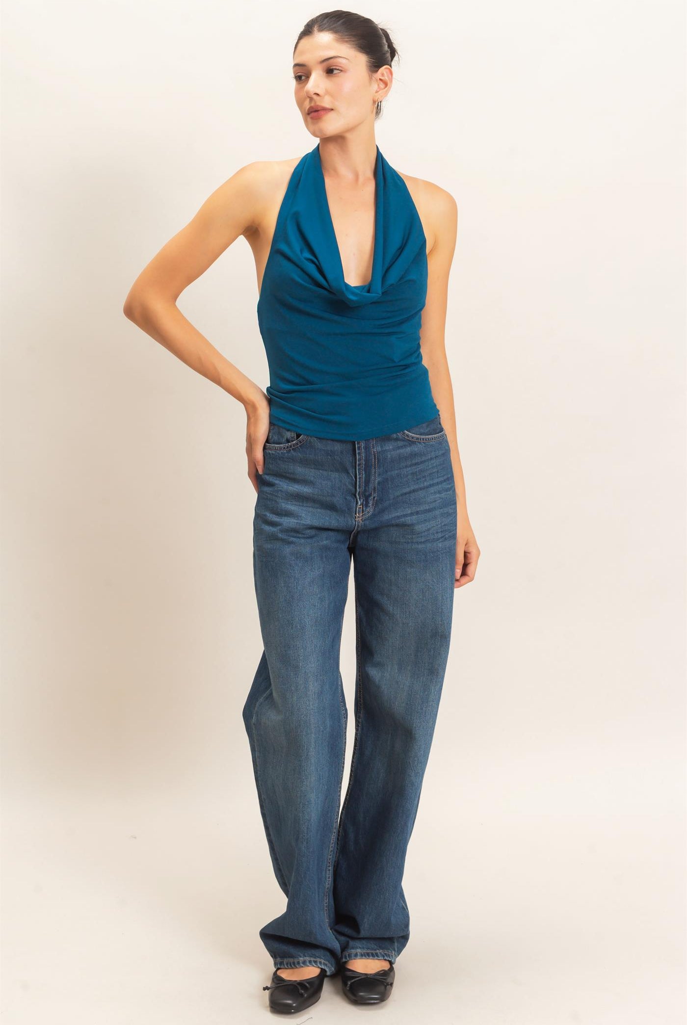 Wholesale Cowl Halter Neck Top Clothing Tops HF26E408 TEAL HYFVE