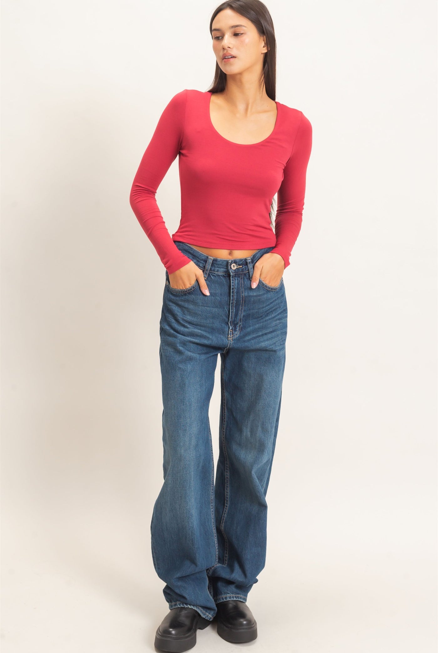 Wholesale Scoop Neck Long Sleeve Top Clothing Tops DZ26E250 DARK RED DOUBLE ZERO