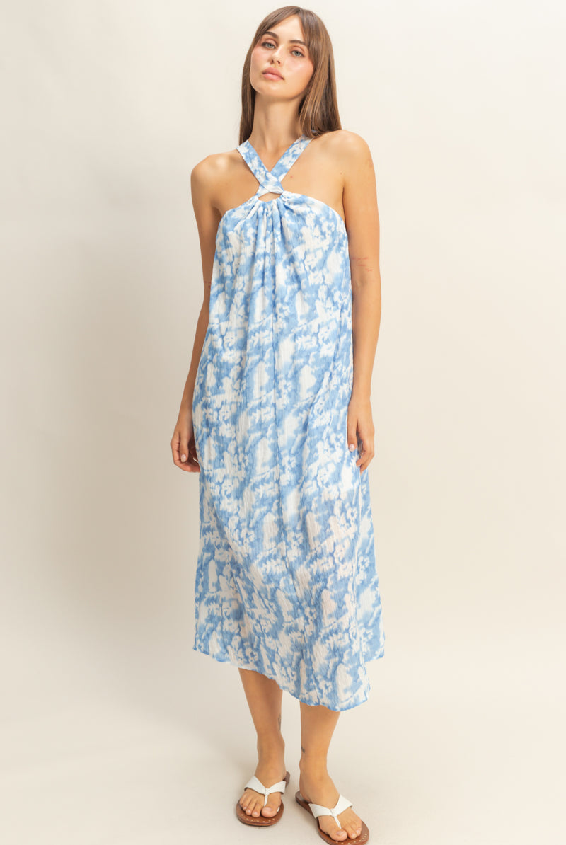 Wholesale Halter Cross Neck Backless Maxi Dress Dresses HF22E496 BLUE HYFVE