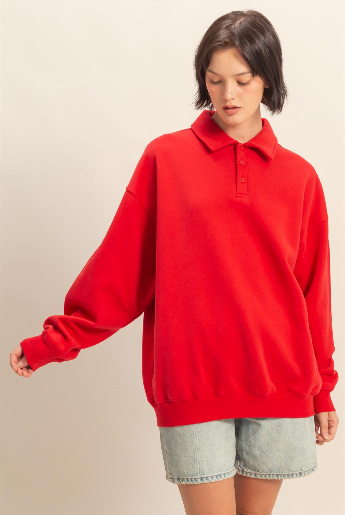 Wholesale Oversized Polo Collared Pullover Sweatshirts DZ25F074 RED DOUBLE ZERO