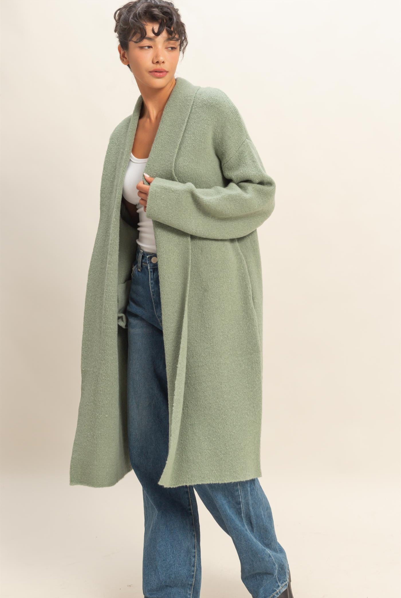Wholesale Longline Open Front Duster Sweater Cardigans DZ25F435 SAGE GREEN DOUBLE ZERO