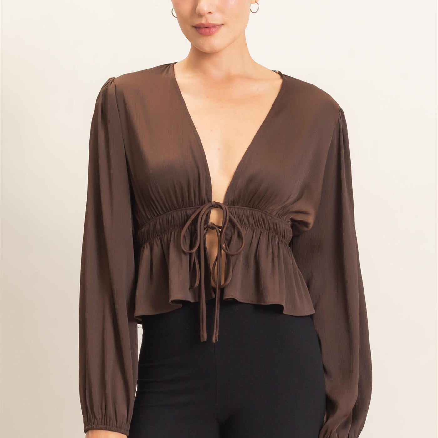 Wholesale Plunging Tie-Front Blouse Blouses HF26F082 BROWN HYFVE
