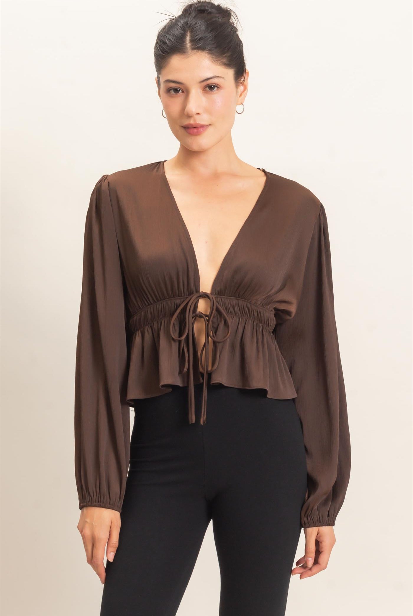 Wholesale Plunging Tie-Front Blouse Blouses HF26F082 BROWN HYFVE