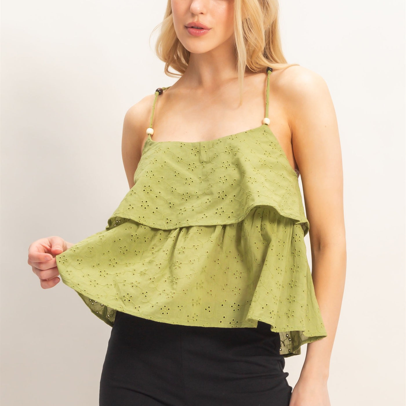 Wholesale Tiered Floral Eyelet Top Blouses HF26A852 LIGHT OLIVE HYFVE