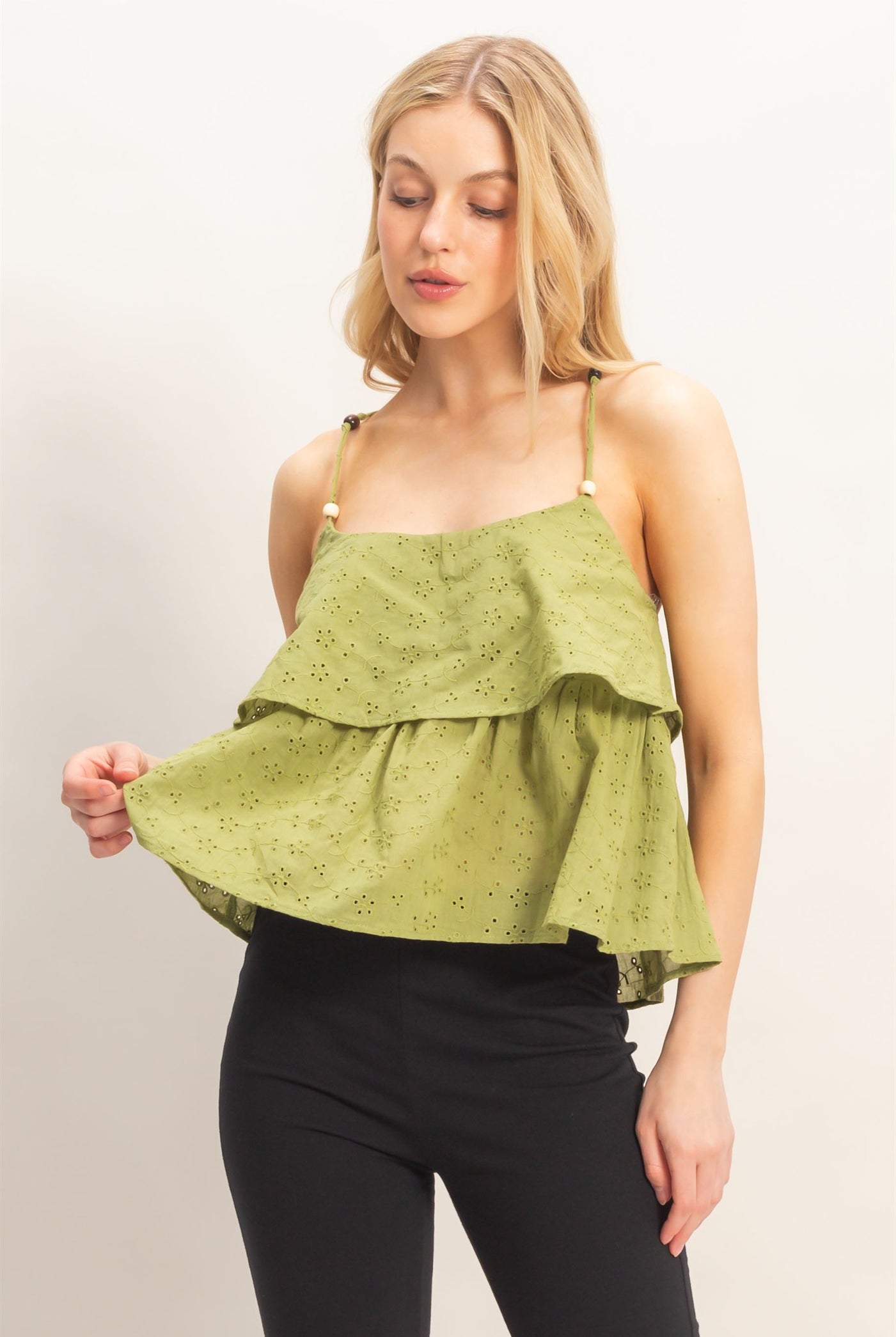 Wholesale Tiered Floral Eyelet Top Blouses HF26A852 LIGHT OLIVE HYFVE