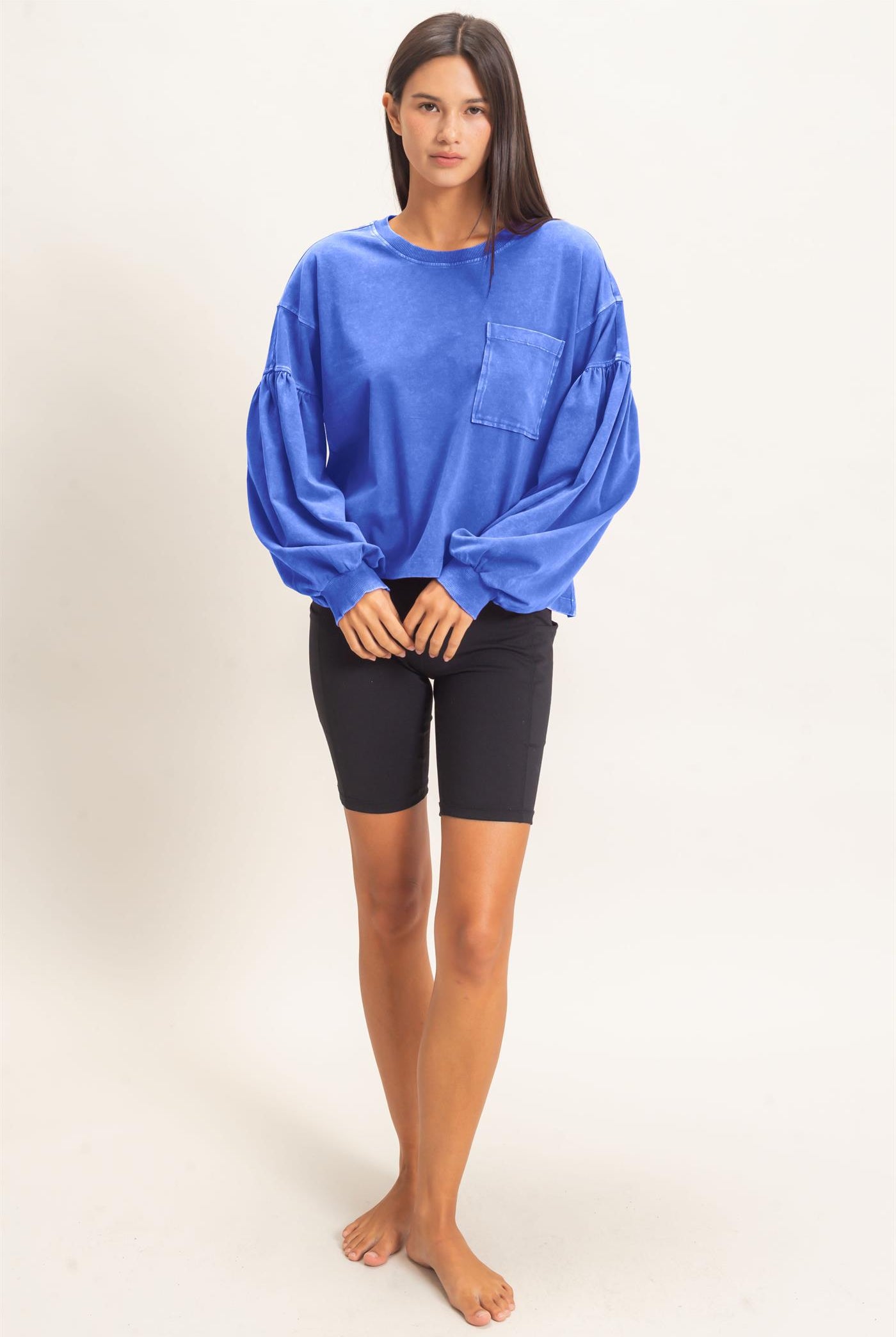 Wholesale Mineral Wash Puff Long Sleeve Boxy Top Clothing Tops DZ26F402 COBALT DOUBLE ZERO