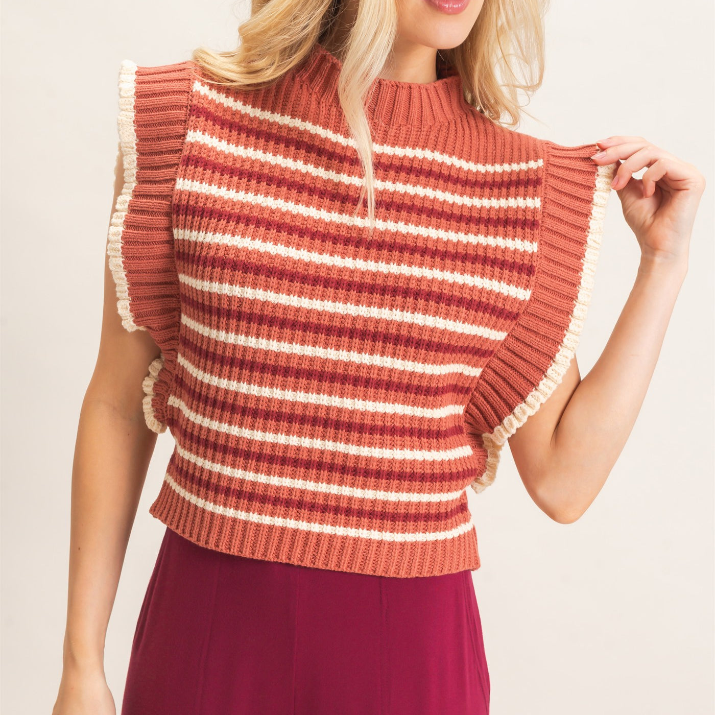 Wholesale Ribbed Ruffle Sleeve Sweater Sweaters HF26F182 RUST HYFVE