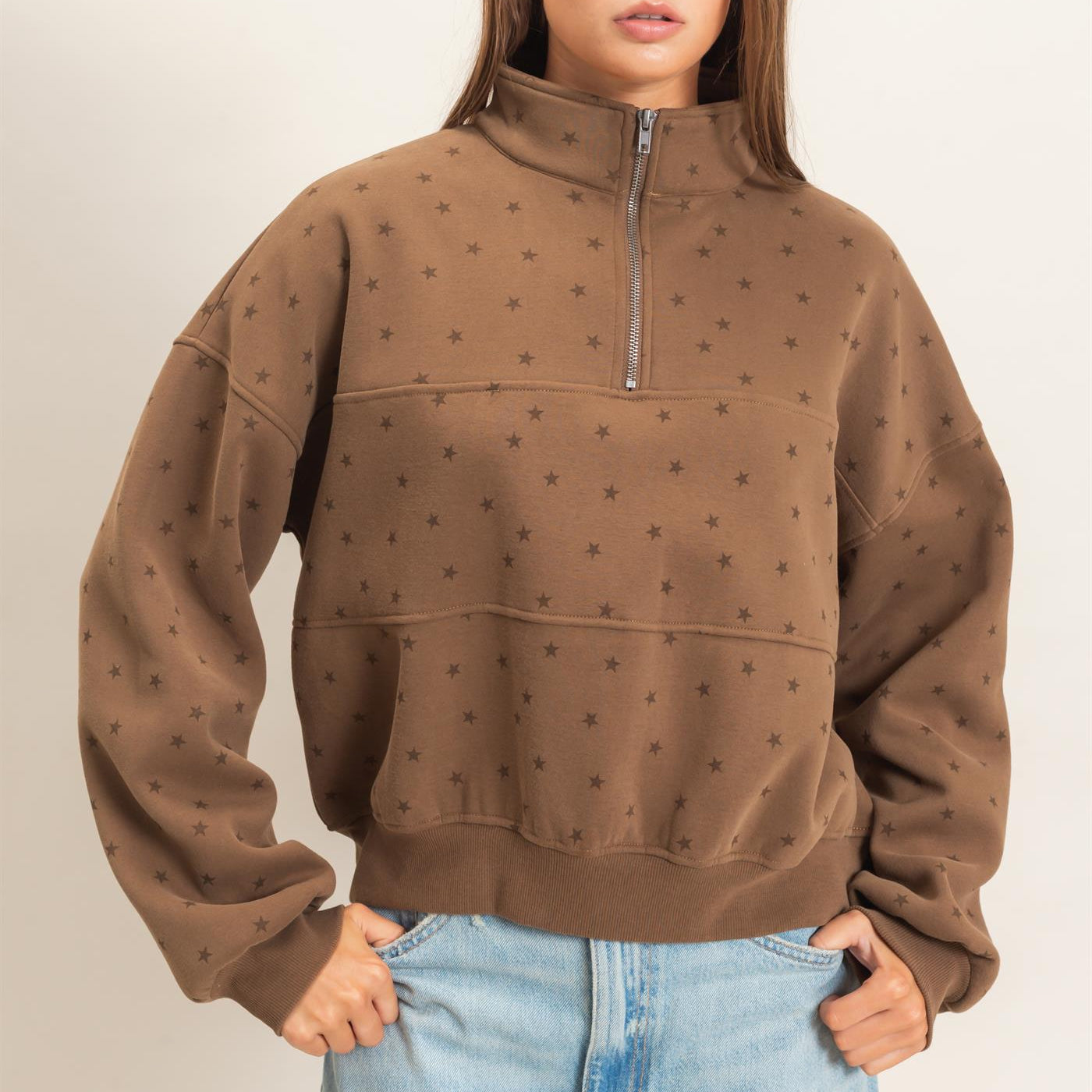 Wholesale Star Print Half Zip Sweatshirt Sweatshirts DZ26E245 MOCHA DOUBLE ZERO