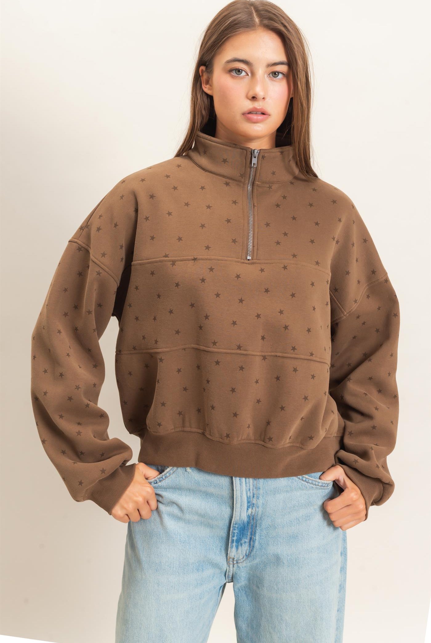 Wholesale Star Print Half Zip Sweatshirt Sweatshirts DZ26E245 MOCHA DOUBLE ZERO