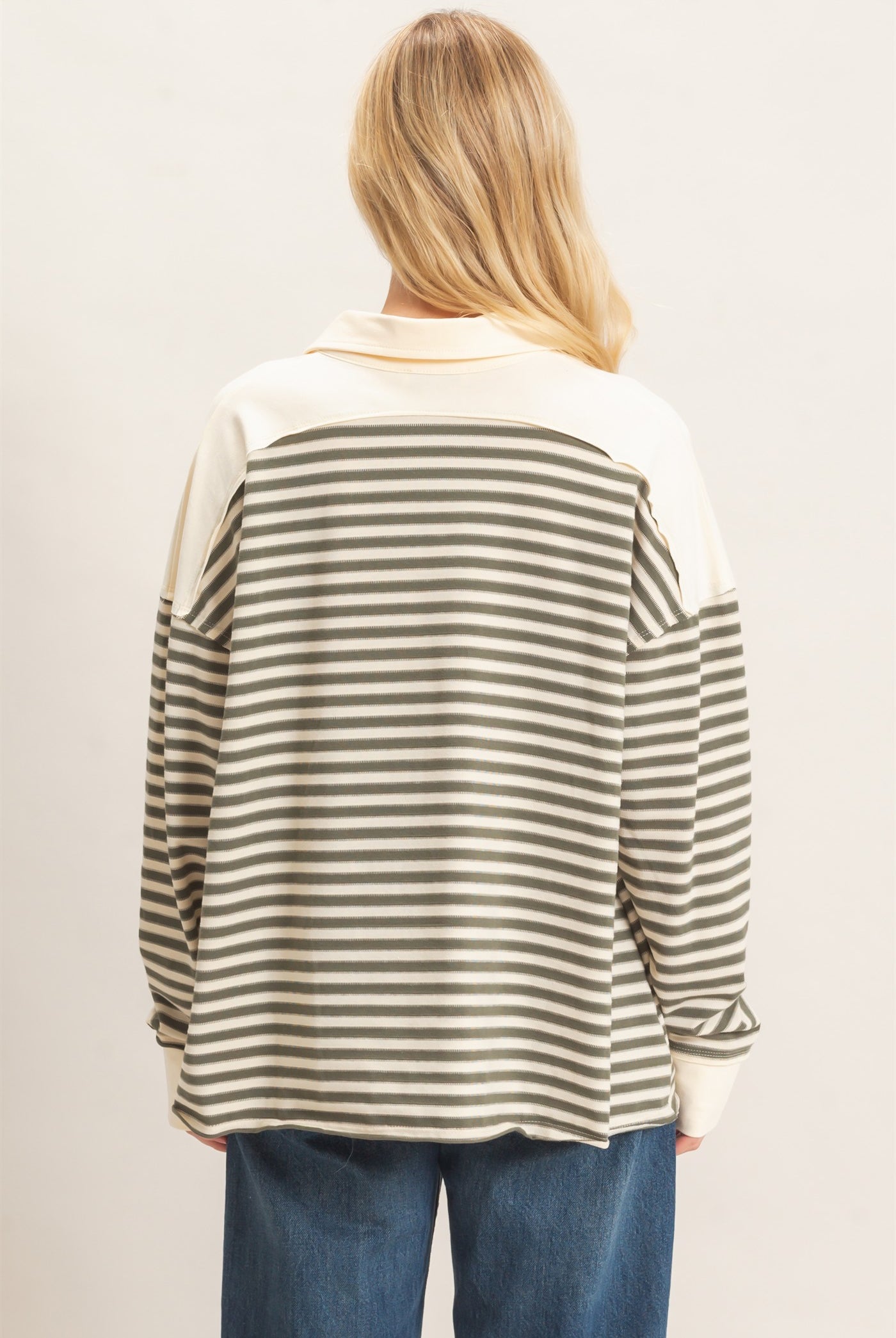 Wholesale Striped Henley Sweatshirt Clothing Tops HF26F089 OLIVE GRAY HYFVE