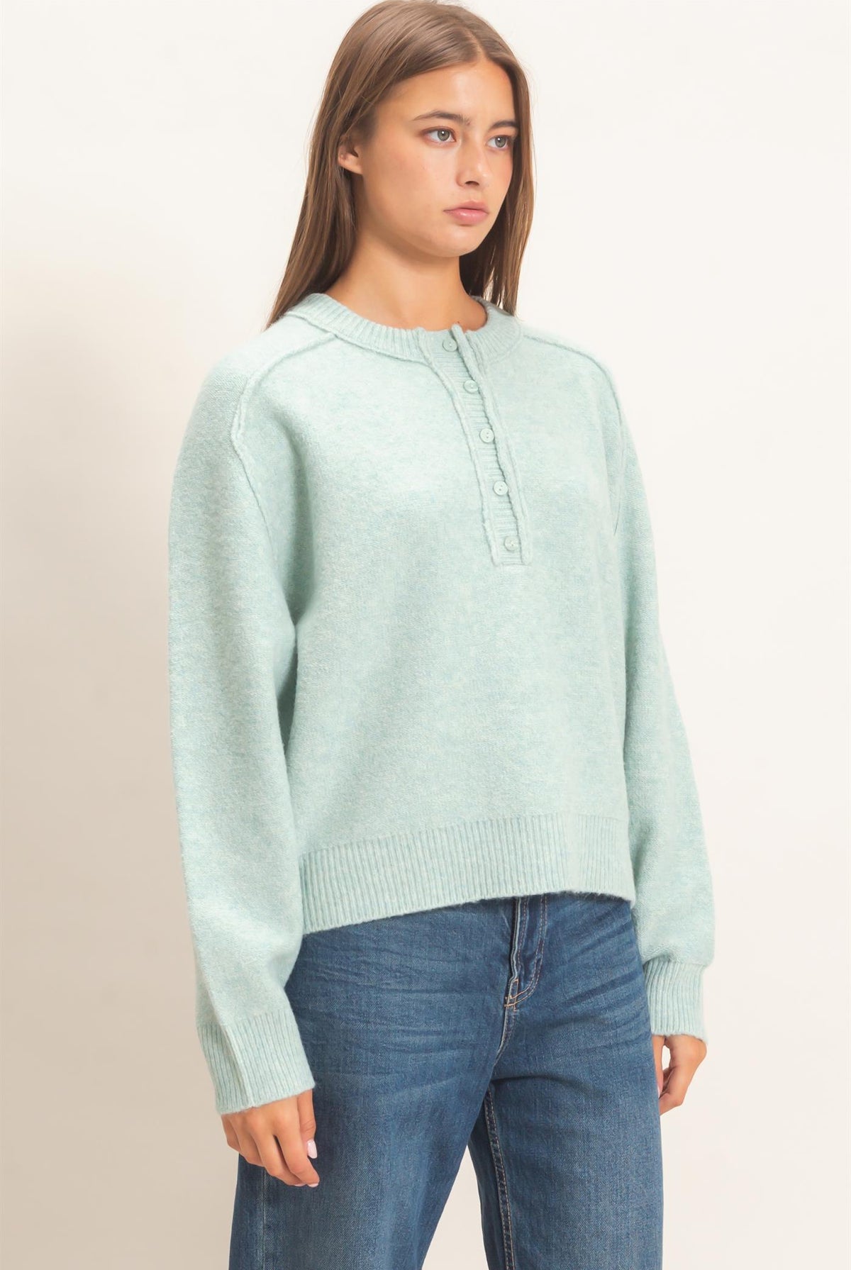 Wholesale Henley Sweater With Reverse Seams Sweaters DZ26F004 PALE GREEN DOUBLE ZERO