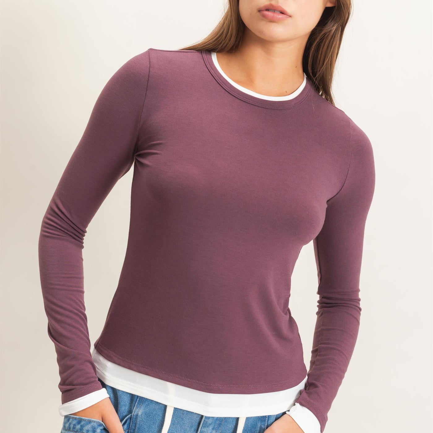 Wholesale Layered Effect Long Sleeve Top Clothing Tops DZ26F341 COCOA DOUBLE ZERO