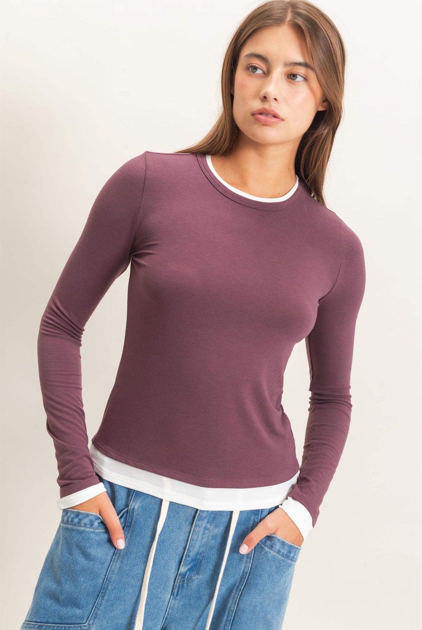 Wholesale Layered Effect Long Sleeve Top Clothing Tops DZ26F341 COCOA DOUBLE ZERO
