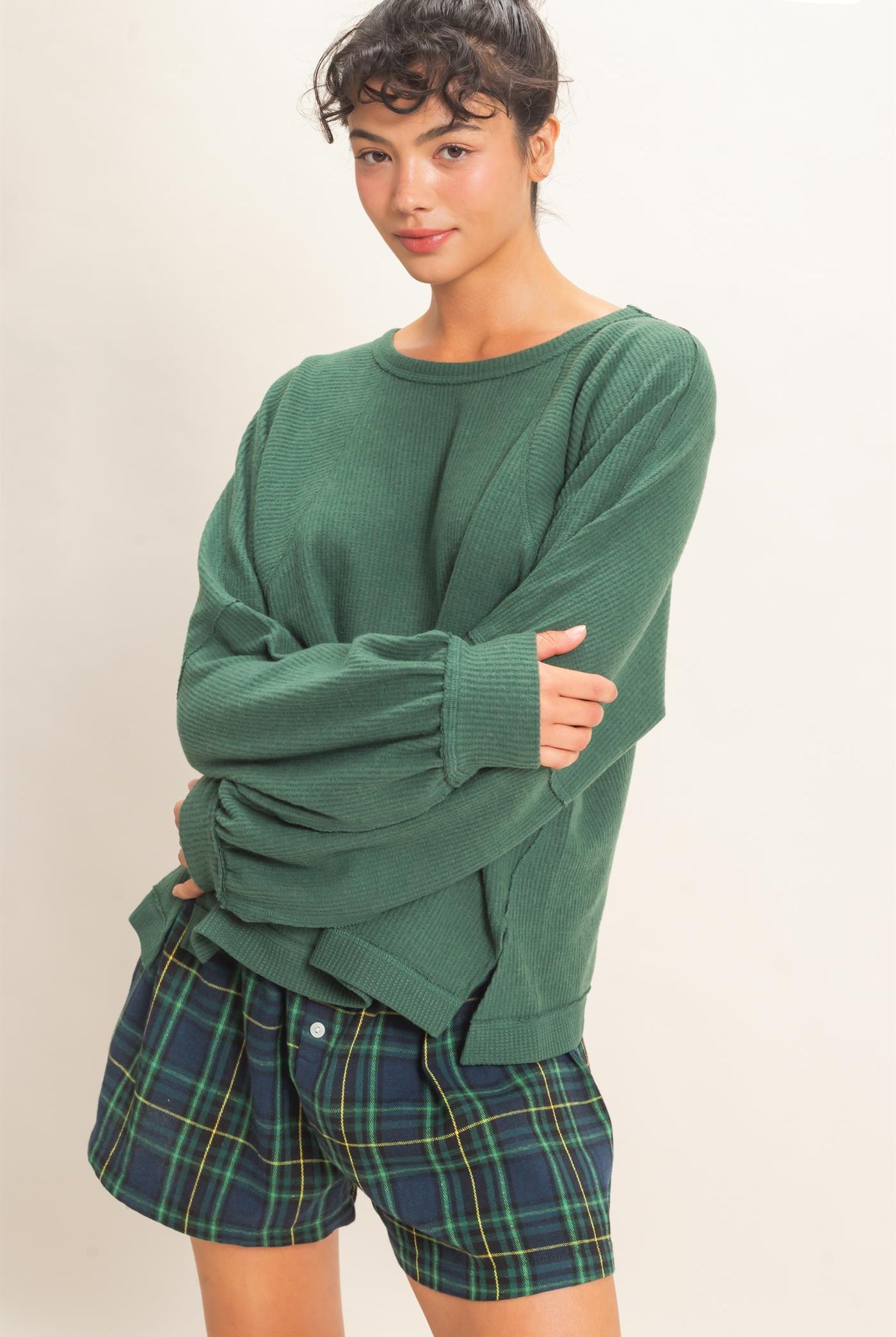 Wholesale Brushed Waffle Long Sleeve Top Clothing Tops DZ26F312 DARK GREEN DOUBLE ZERO