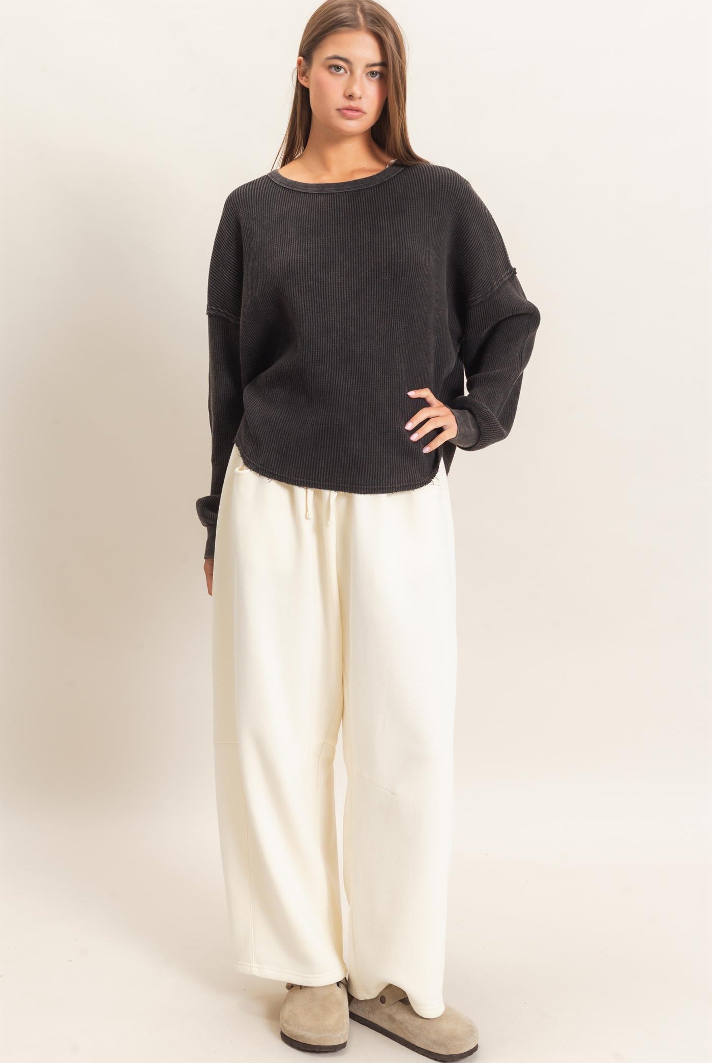 Wholesale Mineral Wash Waffle Oversized Top Clothing Tops DZ26E248 BLACK DOUBLE ZERO