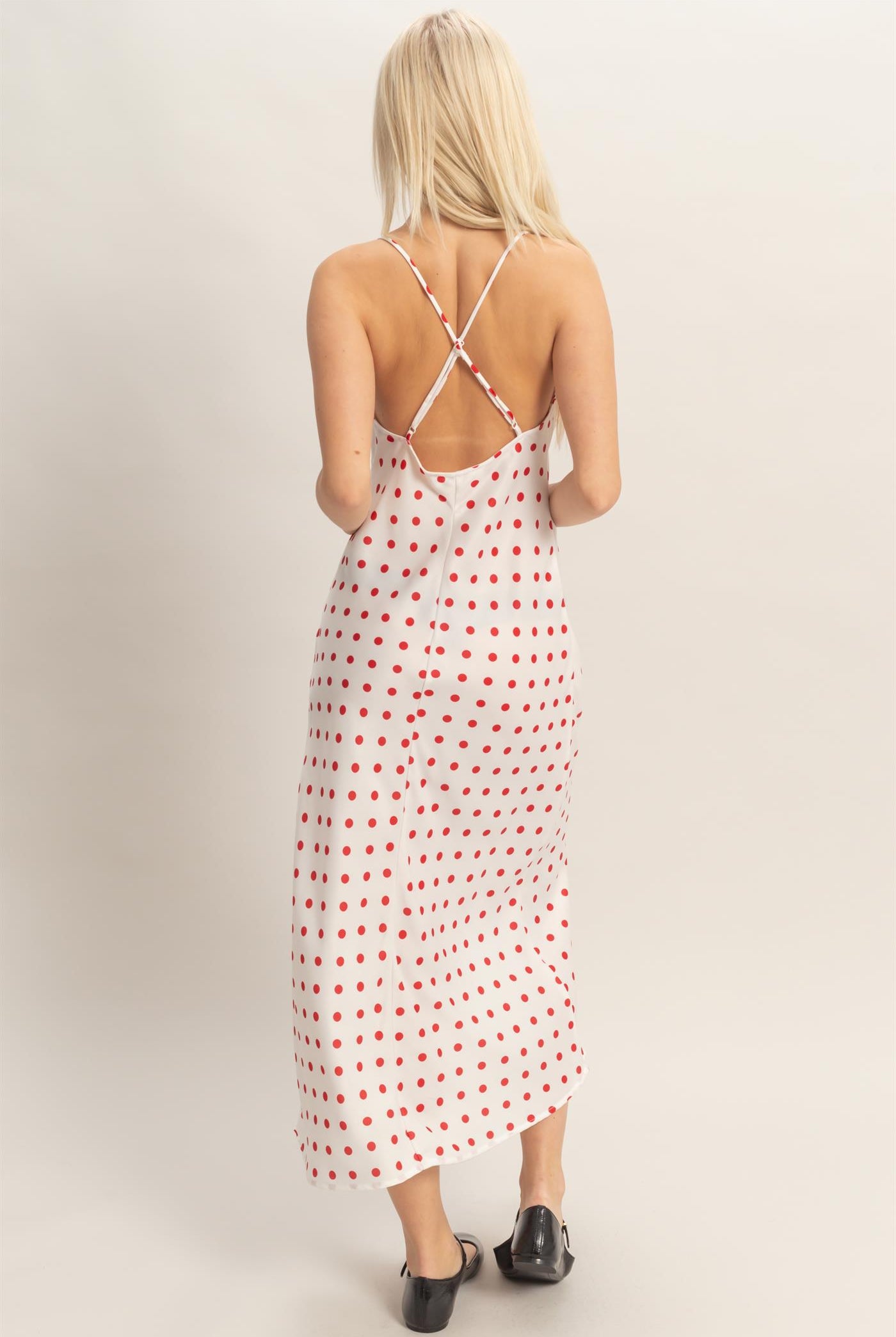 Wholesale Polka Dot Spaghetti Strap Cowl Neck Midi Dress Dresses DZ26C049 RED DOUBLE ZERO