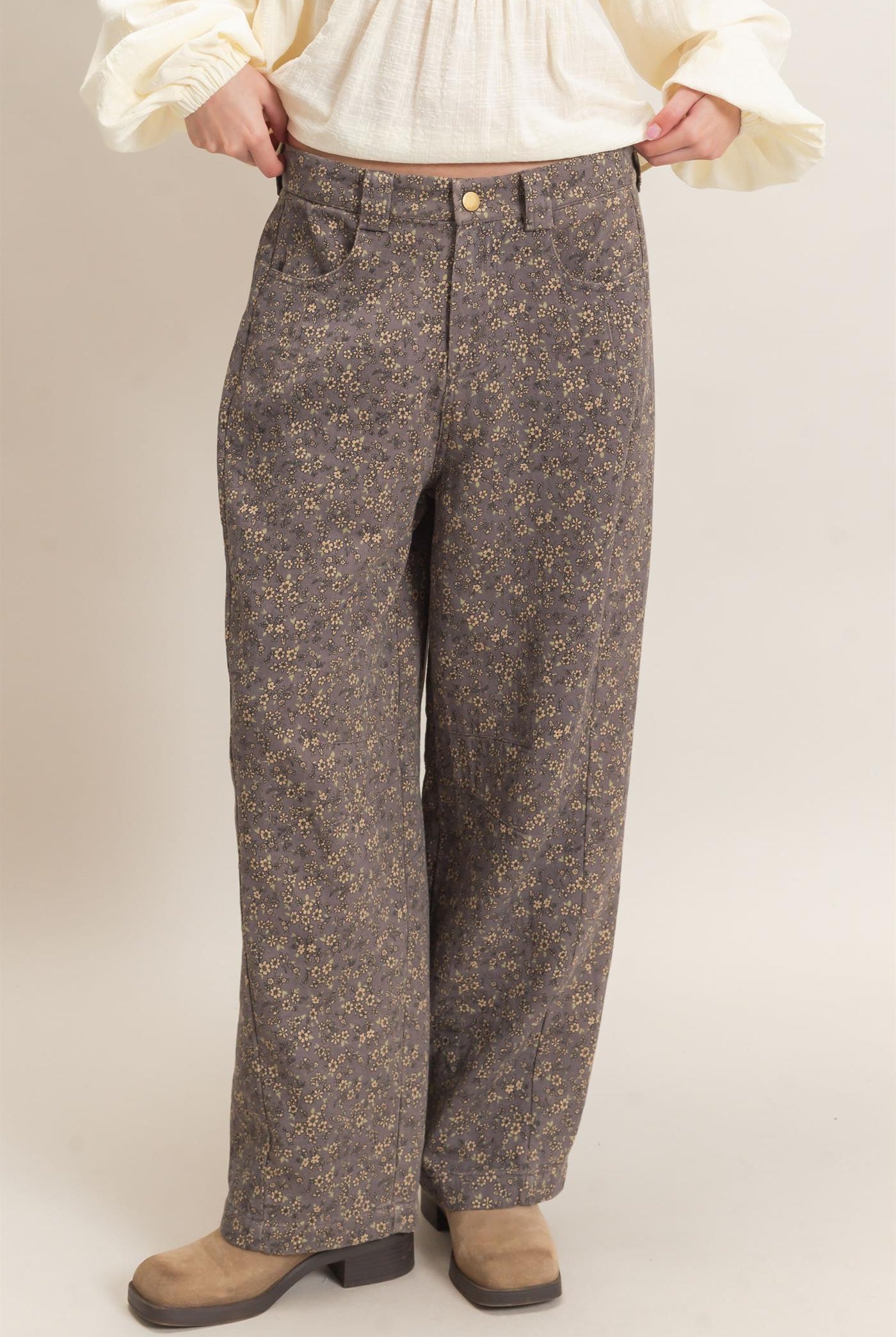 Wholesale Floral Print Garment Wash Barrel Pants Pants HF26C840 ASH HYFVE