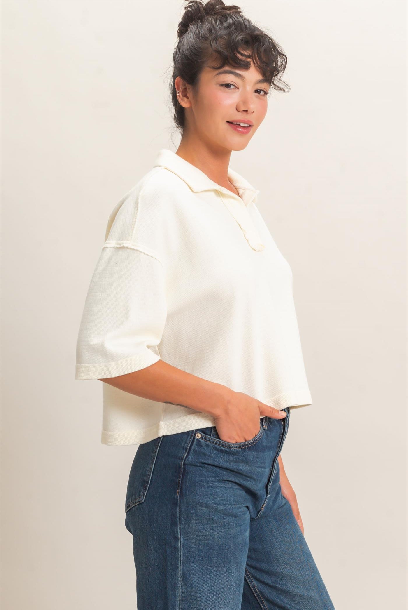 Wholesale Mineral Wash Oversized Collar Short Sleeve Top Clothing Tops DZ26E813 CREAM DOUBLE ZERO