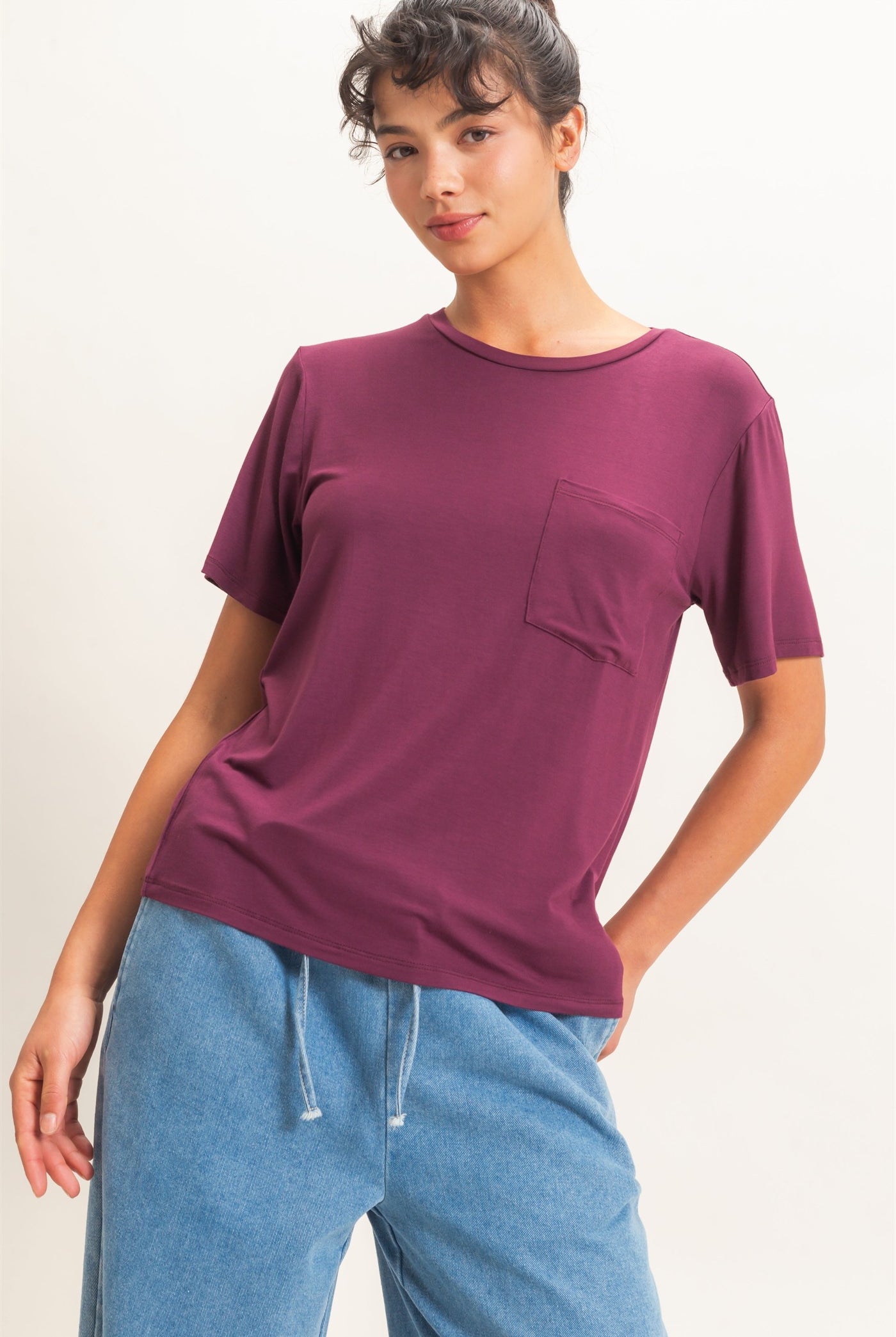 Wholesale Crew Neck Pocket Tee Clothing Tops DZ26E254 DARK CHERRY DOUBLE ZERO