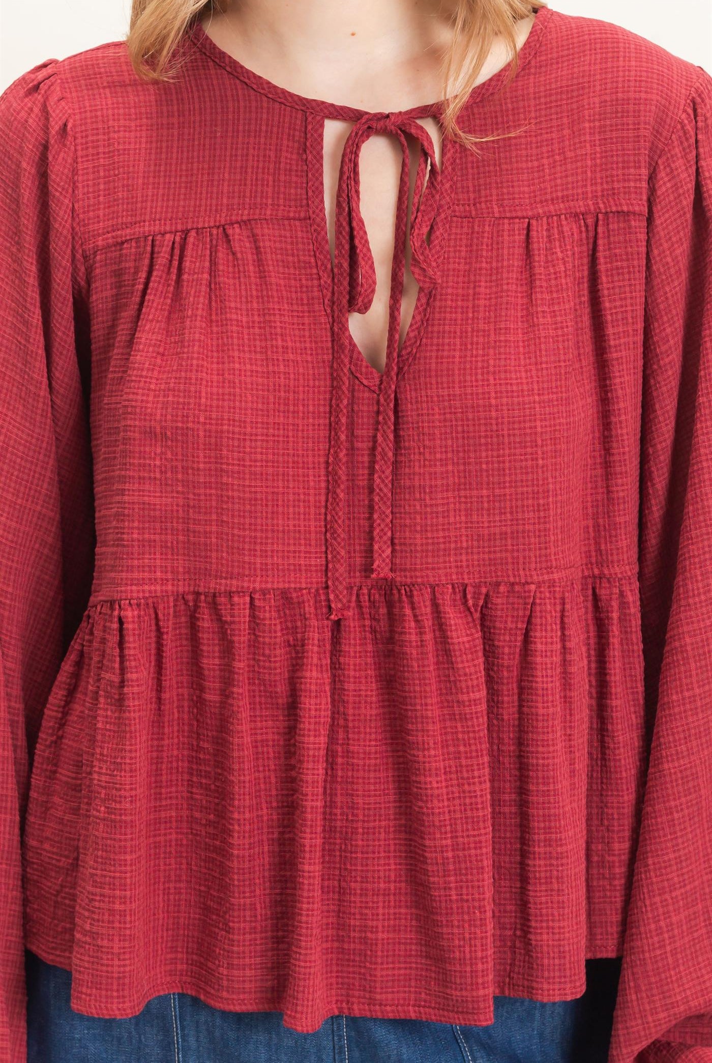 Wholesale Tie Front Peplum Blouse Blouses HF26F065 BURGUNDY HYFVE