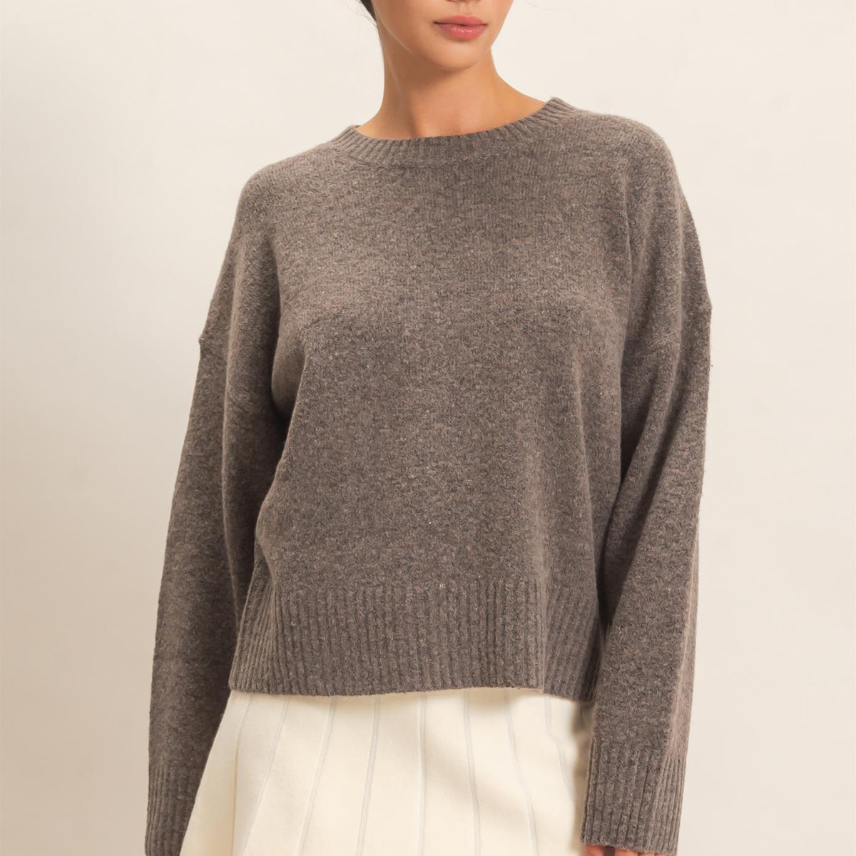Wholesale Relaxed Fit Crew Neck Sweater Sweaters DZ26E956 ASH BROWN DOUBLE ZERO