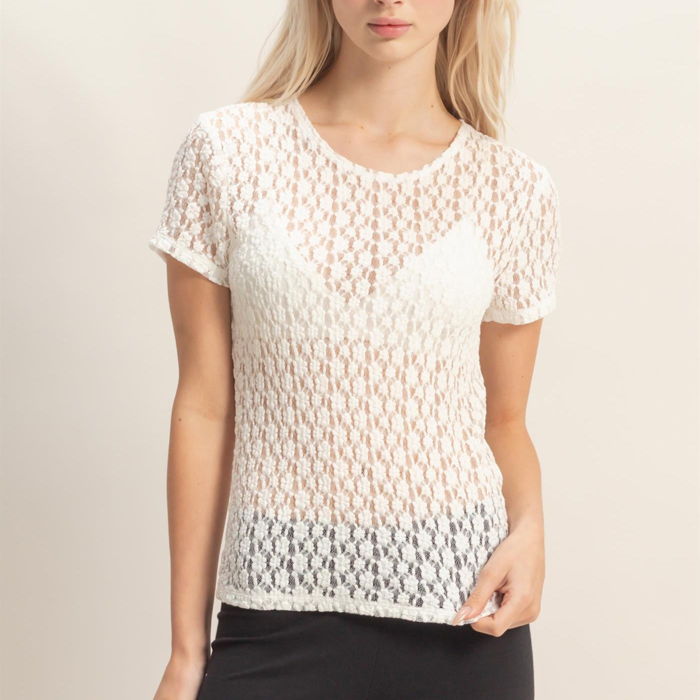 Wholesale Textured Lace Short Sleeve Top Clothing Tops DZ26C394 CREAM DOUBLE ZERO