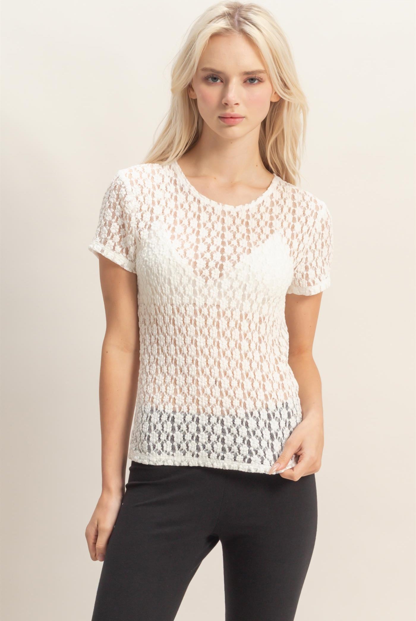 Wholesale Textured Lace Short Sleeve Top Clothing Tops DZ26C394 CREAM DOUBLE ZERO