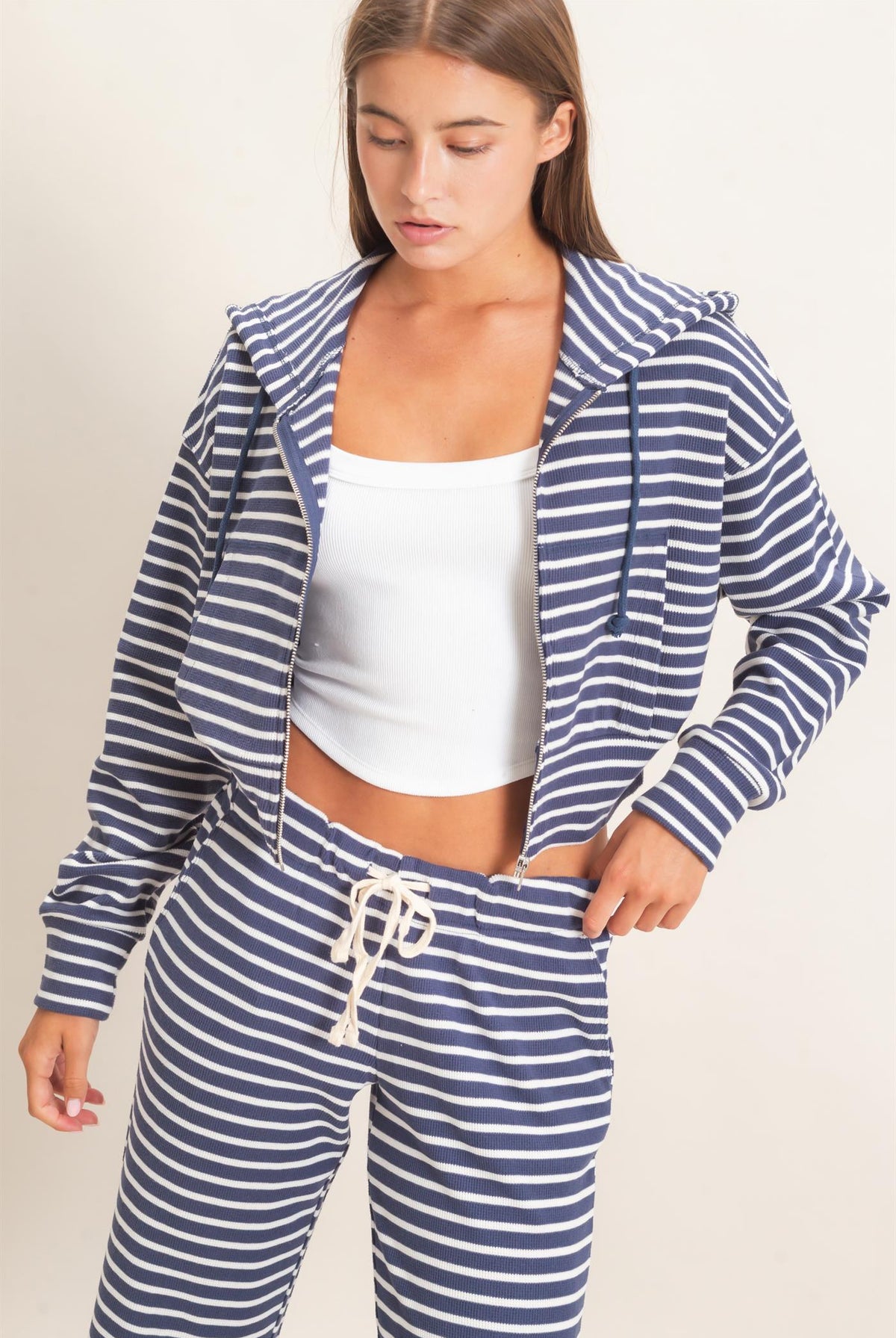 Wholesale Striped Zip-Up Hoodie Hoodies DZ26E433 NAVY DOUBLE ZERO
