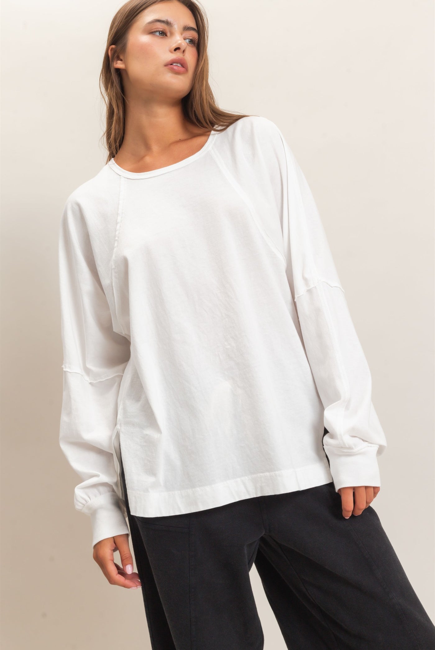 Wholesale Raglan Sleeve Snow Wash Top Shirts DZ26E945 WHITE DOUBLE ZERO