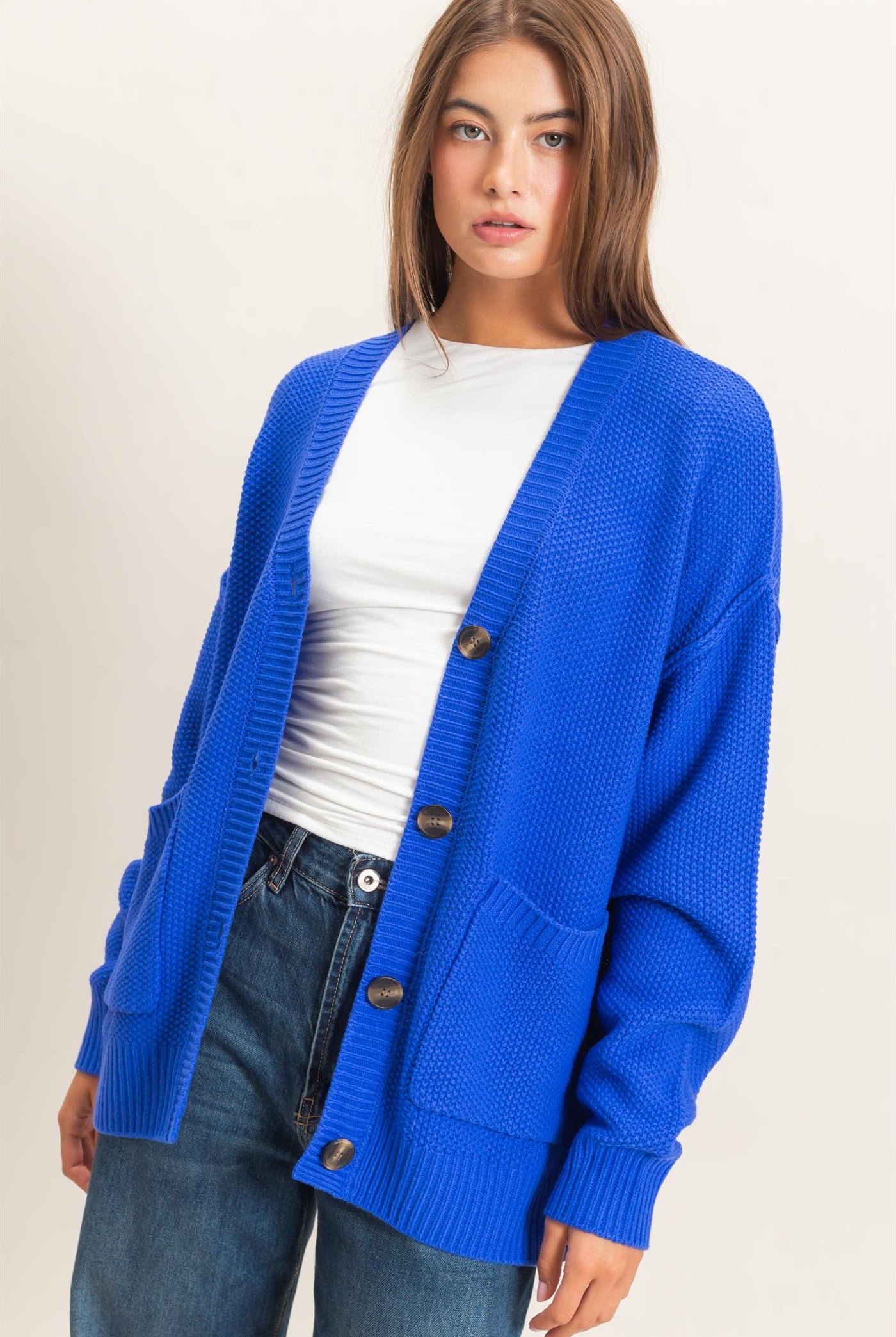 Wholesale Textured Oversized Knit Buttoned Cardigan Cardigans DZ26C971 COBALT DOUBLE ZERO