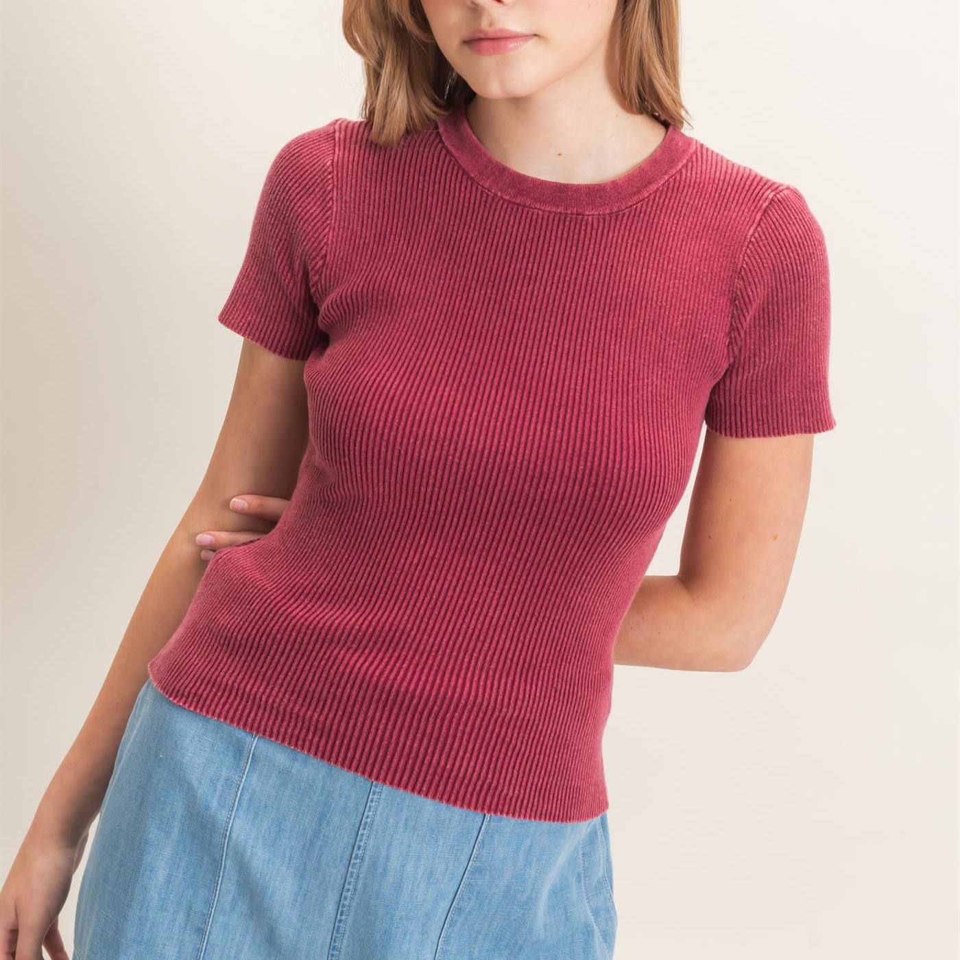 Wholesale Ribbed Crew Neck Top Clothing Tops HF26E473 DECO ROSE HYFVE