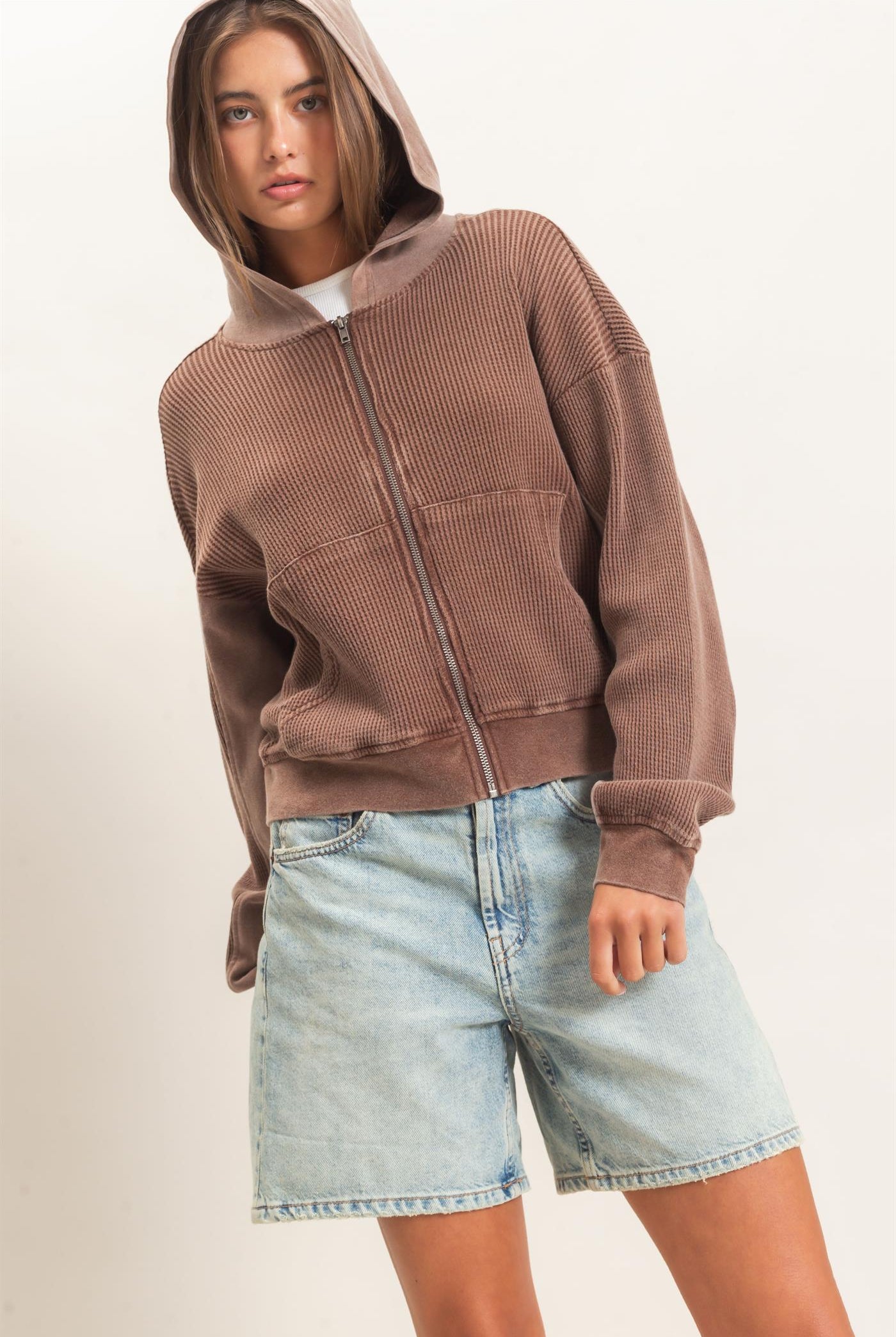 Wholesale Acid Wash Waffle Knit Zip-Up Hoodie Hoodies DZ26E401 DARK BROWN DOUBLE ZERO