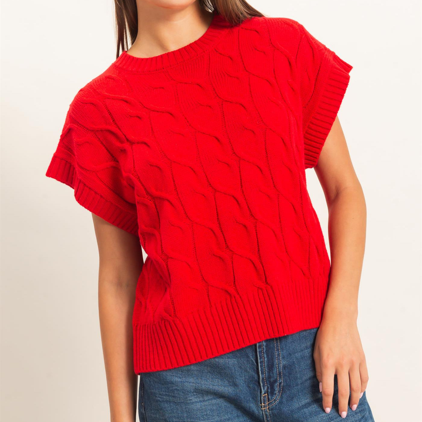 Wholesale Cable Knit Cap Sleeve Sweater Sweaters DZ26C974 RED DOUBLE ZERO