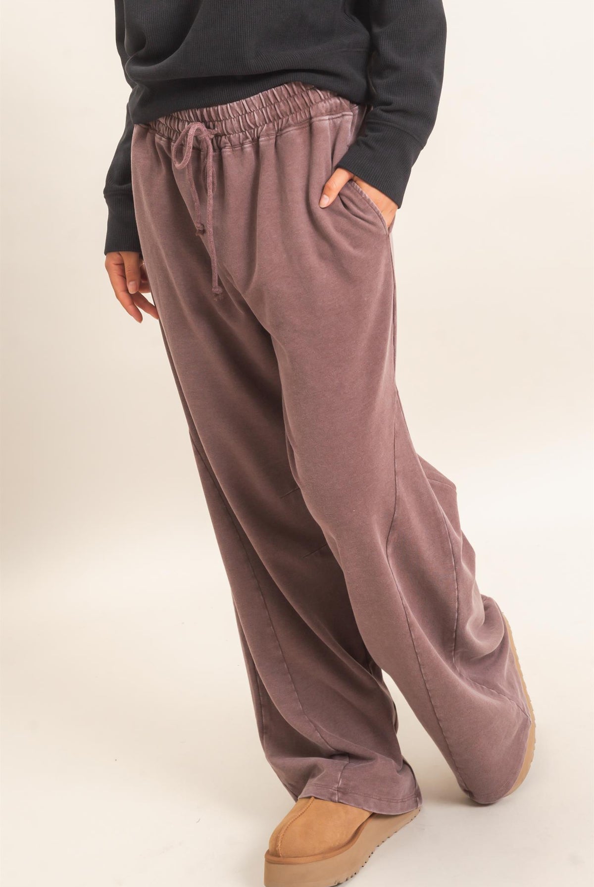 Wholesale Mineral Washed Wide Leg Pants Pants DZ26F082 DARK BROWN DOUBLE ZERO