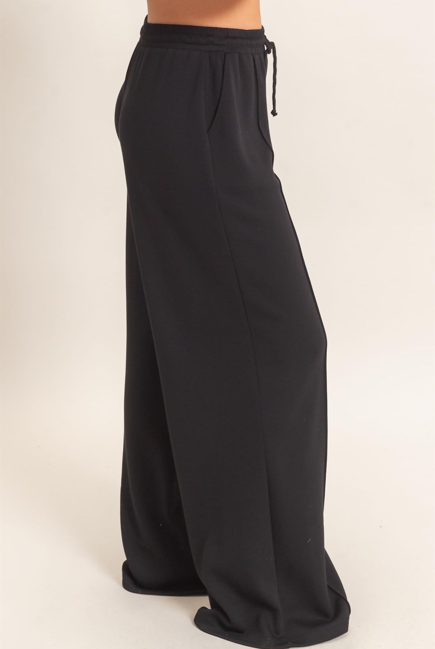 Wholesale Drawstring Waist Pintuck Wide Leg Pants Pants DZ26E384 BLACK HYFVE