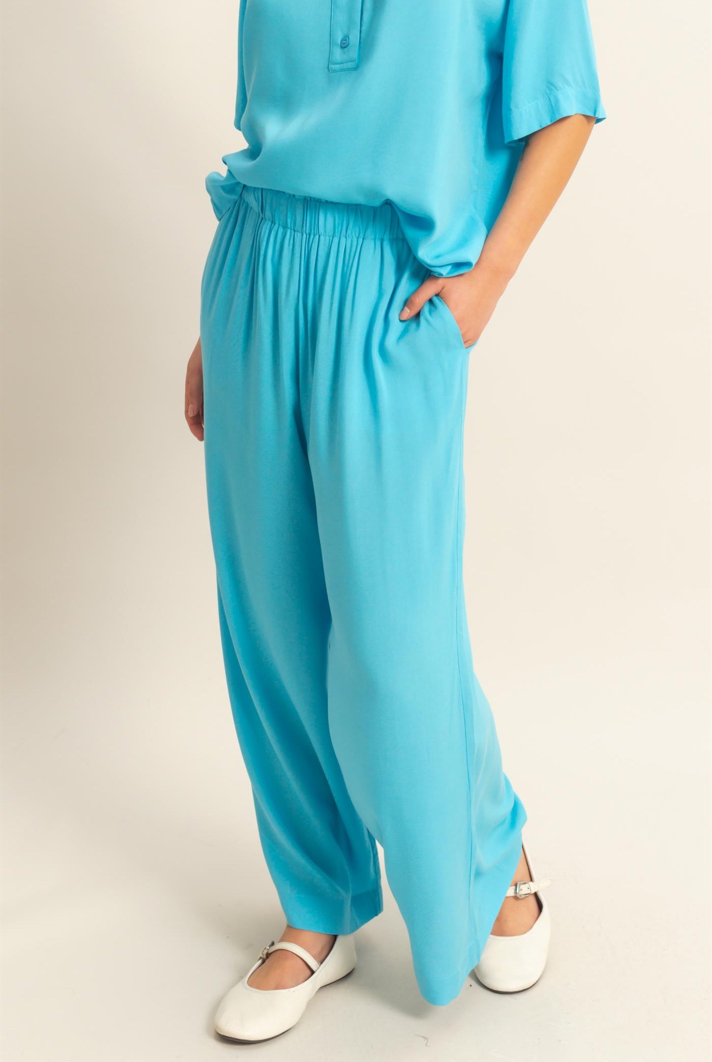 Wholesale High Waist Woven Wide Leg Pants Pants DZ25C192 AQUA BLUE DOUBLE ZERO