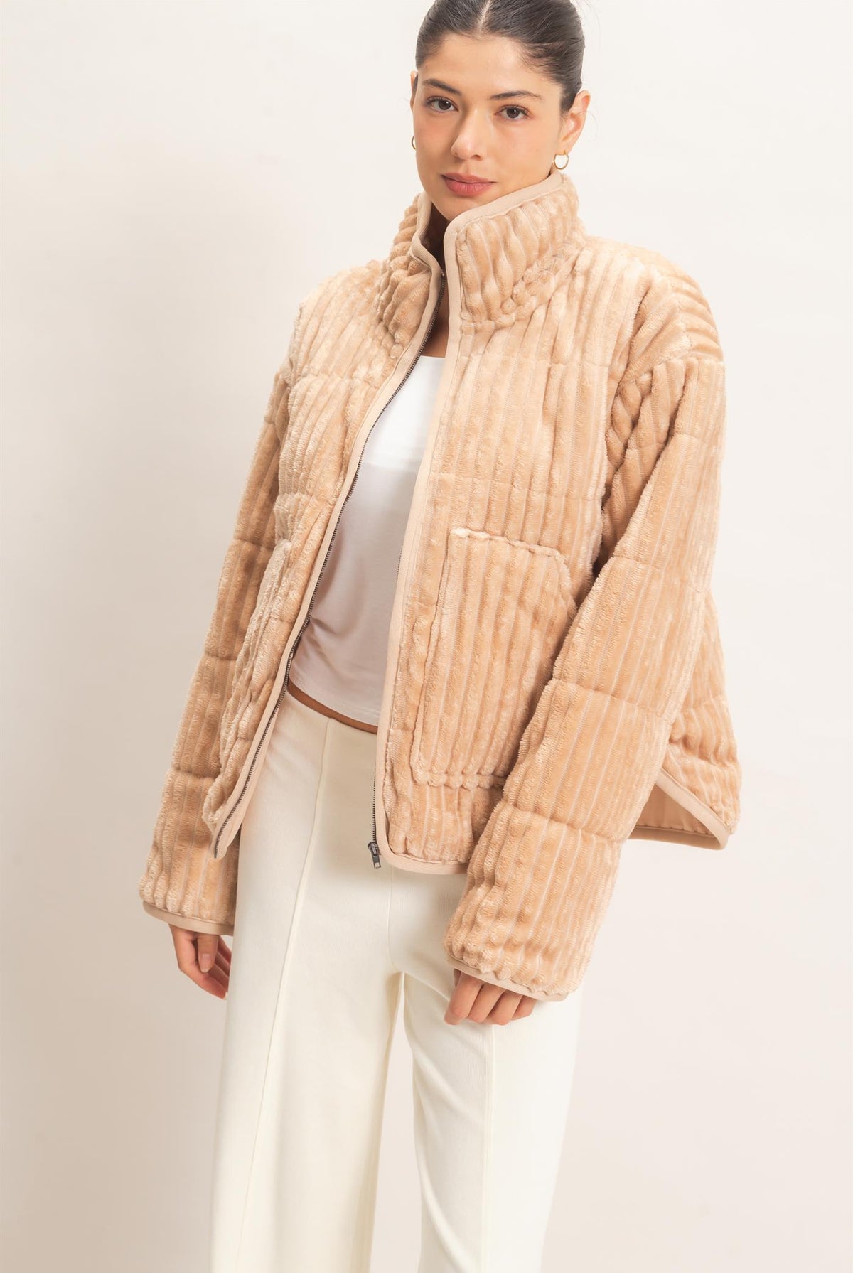 Wholesale Quilted Corduroy Zip-Up Jacket Coats & Jackets HF26E753 BEIGE HYFVE