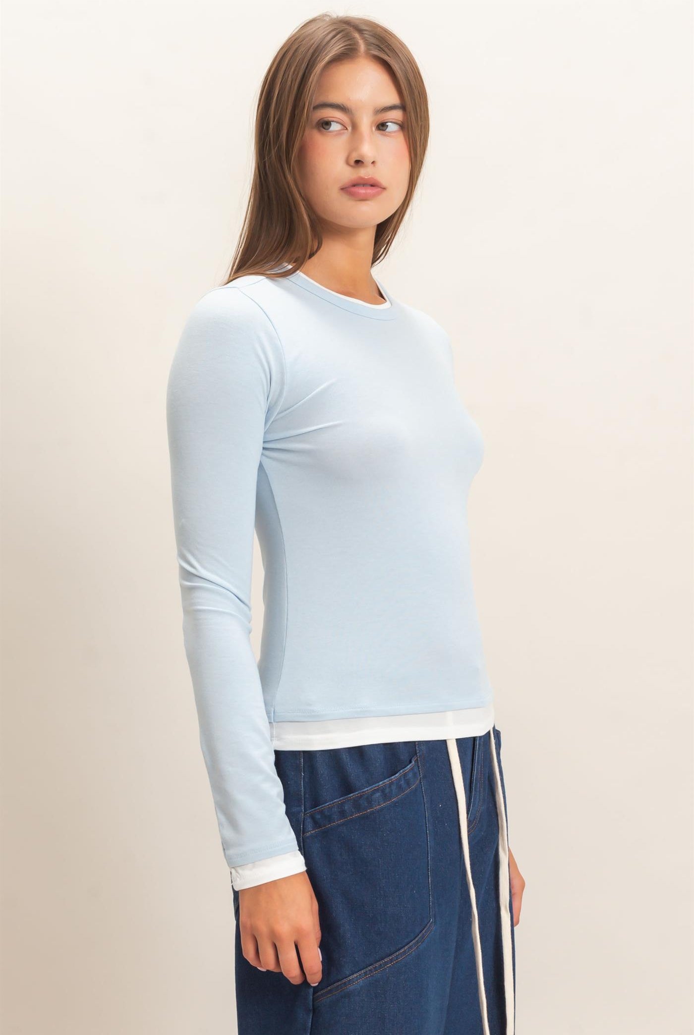 Wholesale Layered Effect Long Sleeve Top Clothing Tops DZ26F341 ICE BLUE DOUBLE ZERO