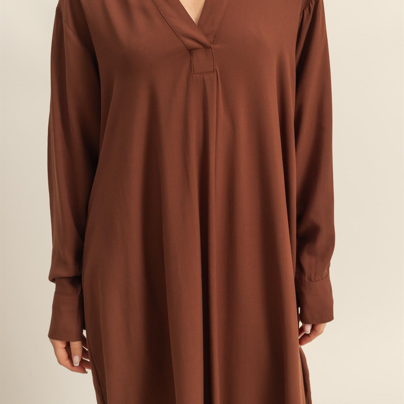 Wholesale V-Neck Long Sleeved Midi Shirts Dress Dresses DZ24E706 CHESTNUT DOUBLE ZERO