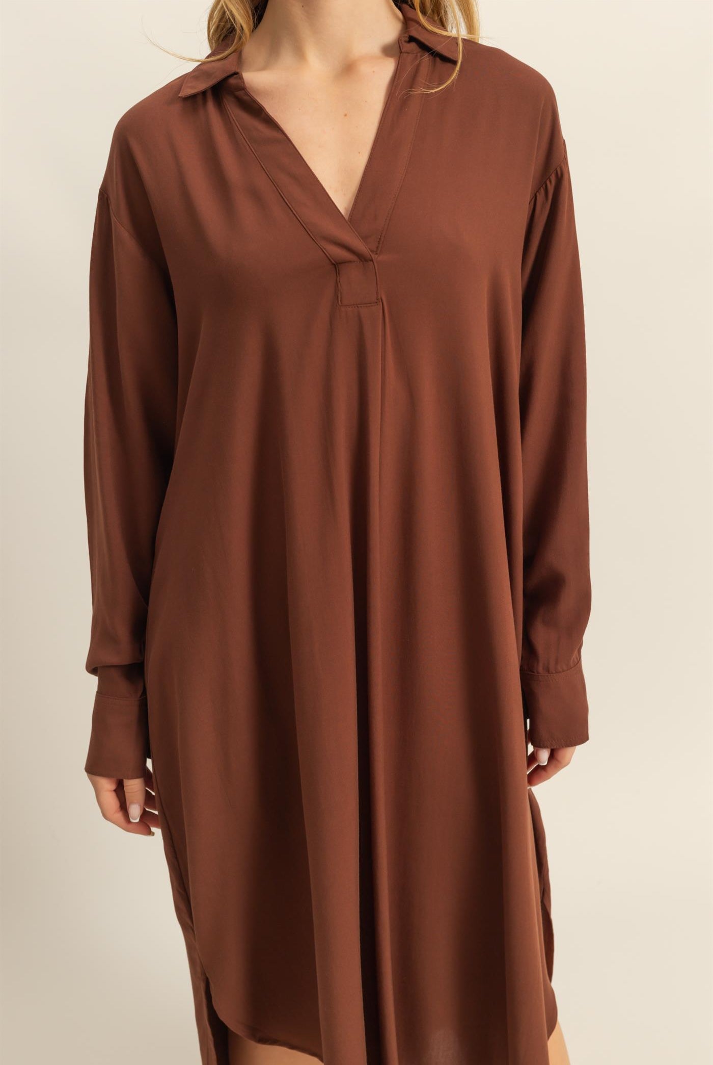 Wholesale V-Neck Long Sleeved Midi Shirts Dress Dresses DZ24E706 CHESTNUT DOUBLE ZERO