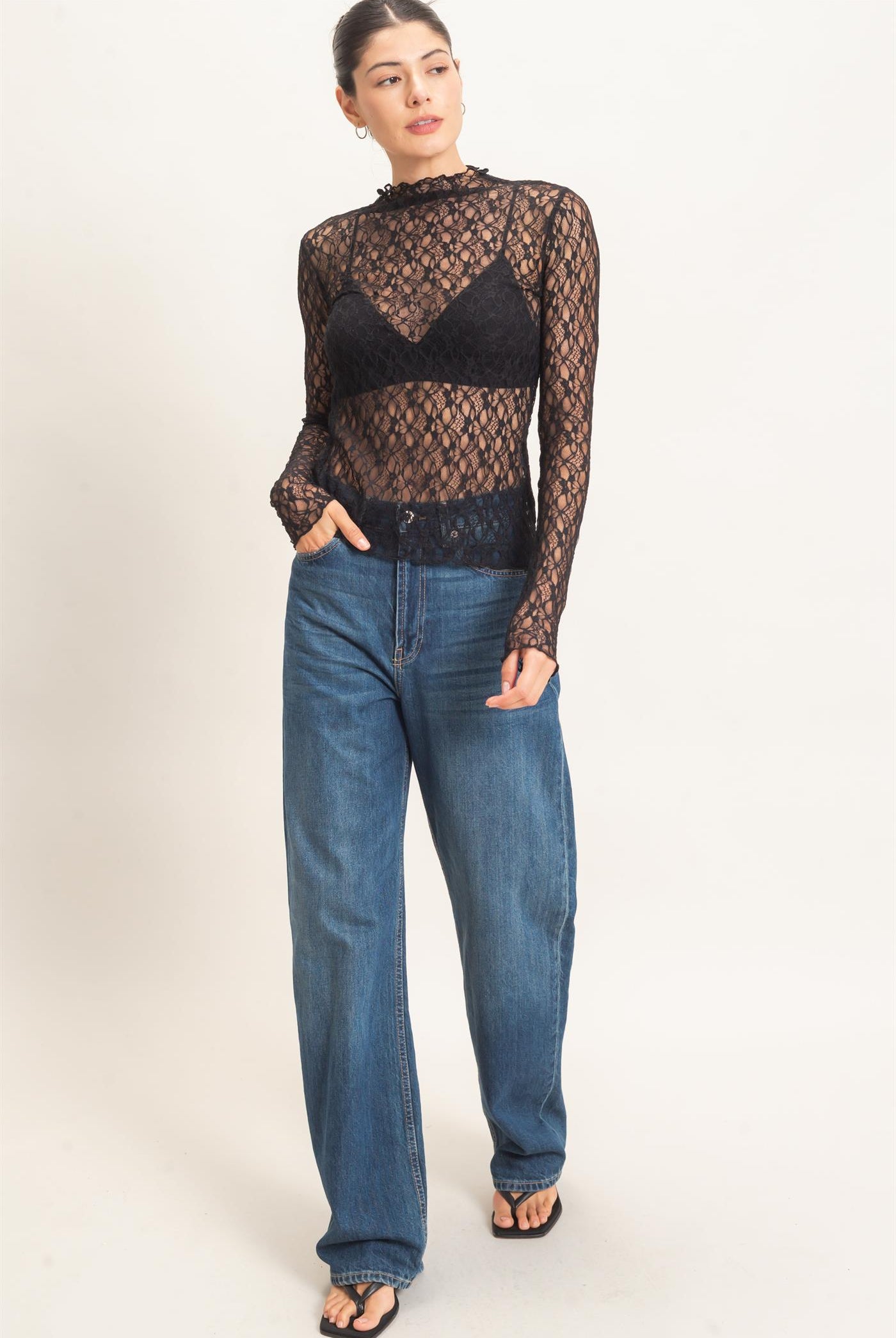 Wholesale Lace Mock Neck Long Sleeve Top Clothing Tops HF26E033-D BLACK HYFVE