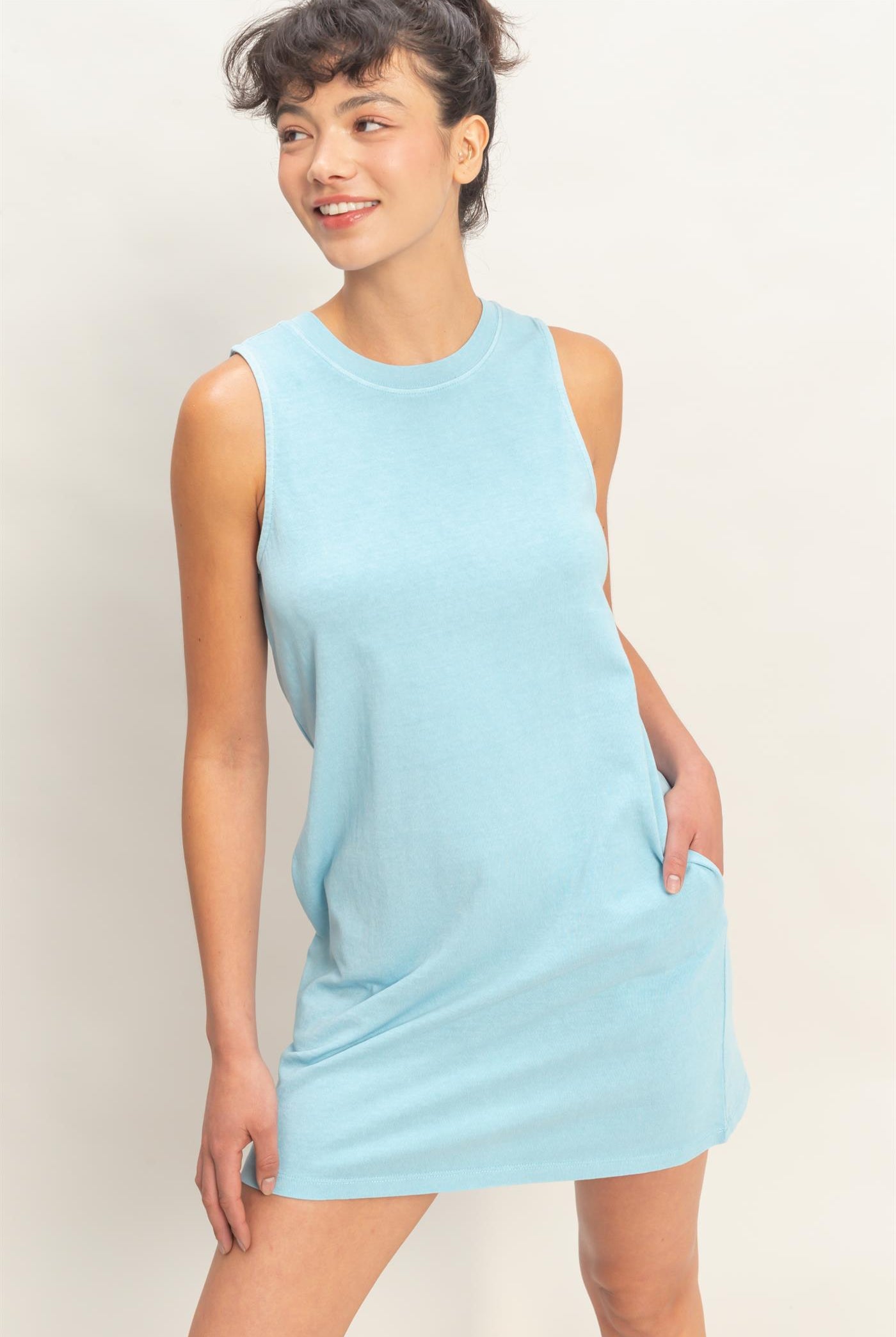 Wholesale Pigment Dyed Sleeveless Mini Dres Dresses DZ26A745 BLUE DOUBLE ZERO