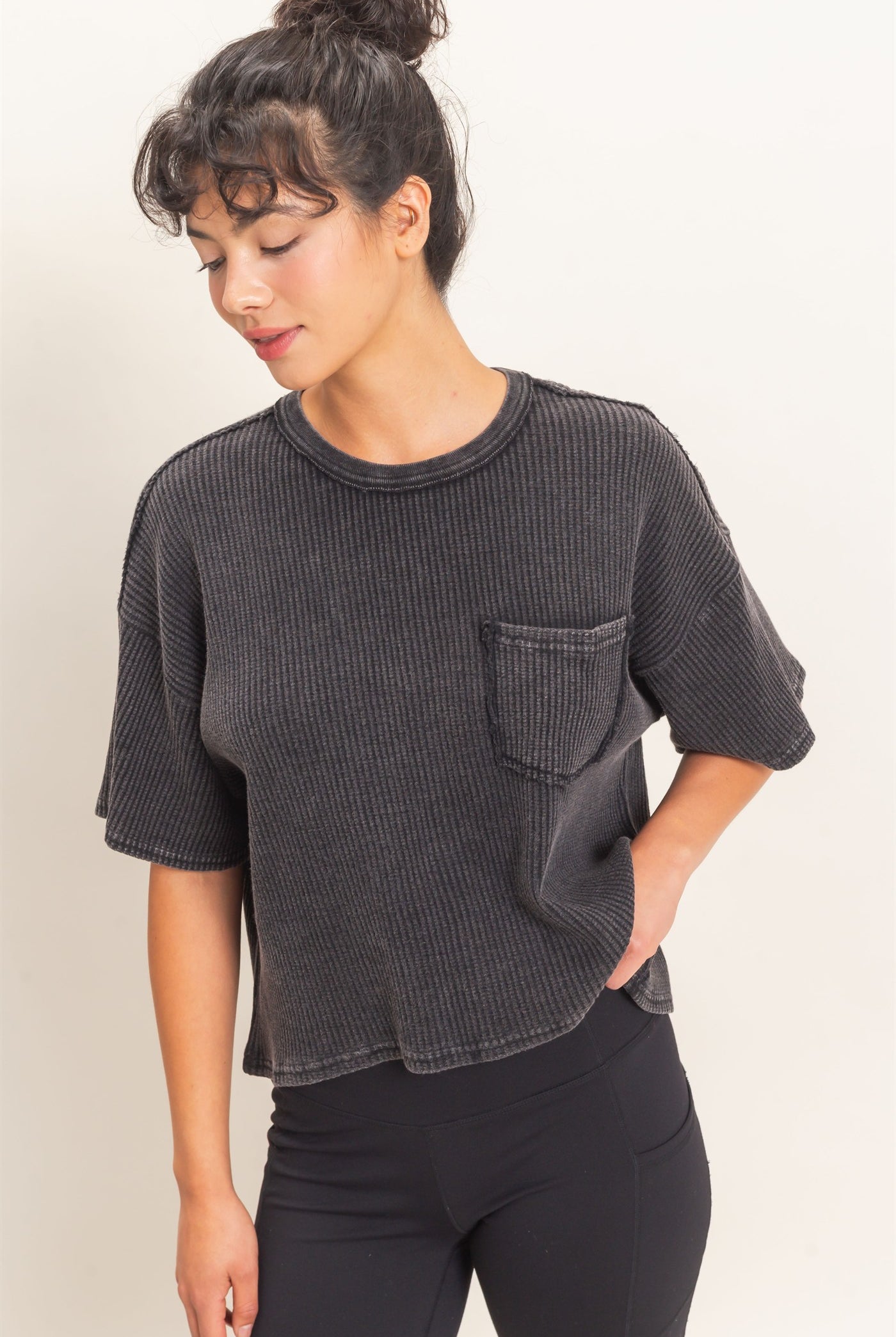 Wholesale Mineral Wash Waffle Knit Pocket Top Clothing Tops DZ26E222 BLACK DOUBLE ZERO