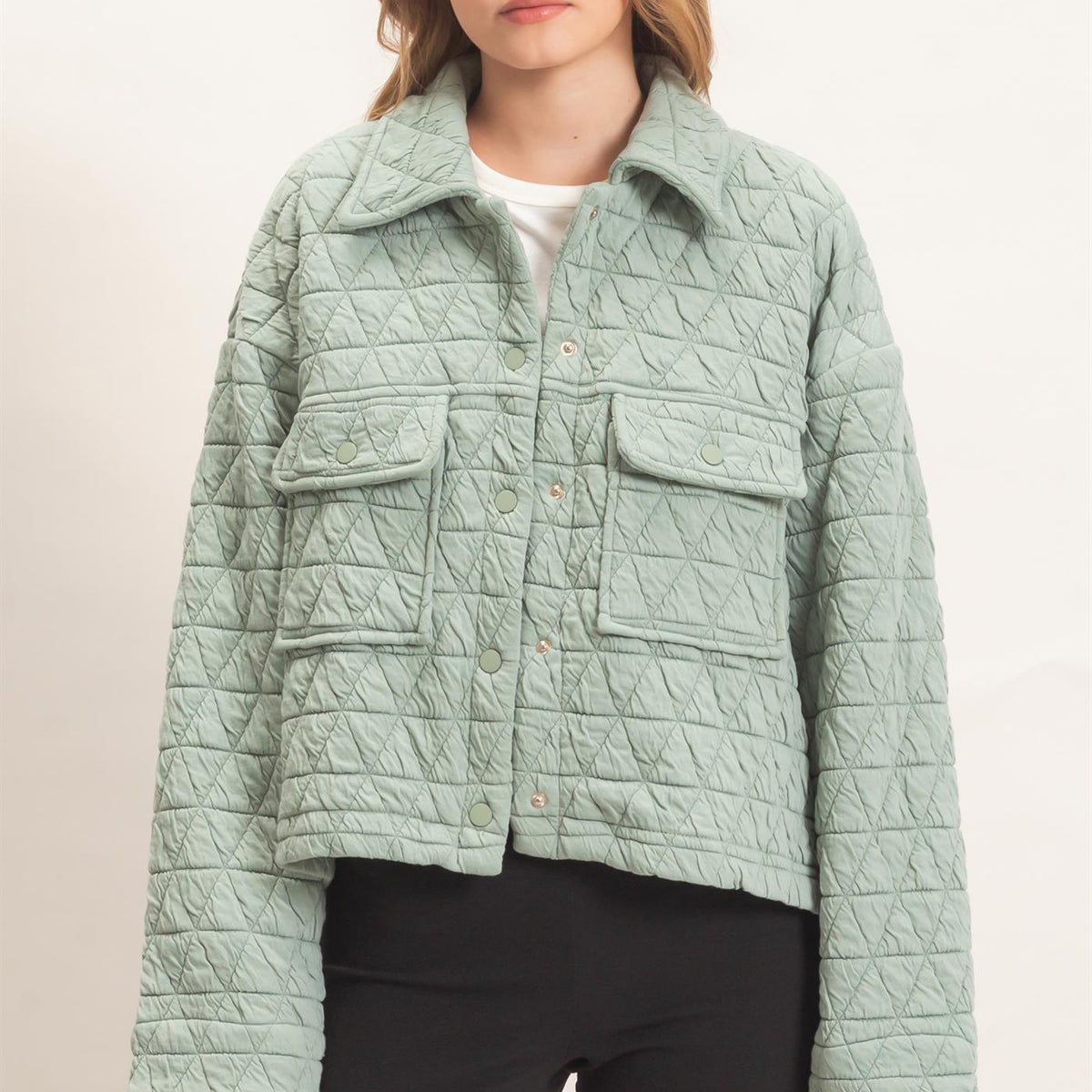 Wholesale Triangle Quilted Button-Up Jacket Coats & Jackets HF26F145 DUSTY SAGE DOUBLE ZERO
