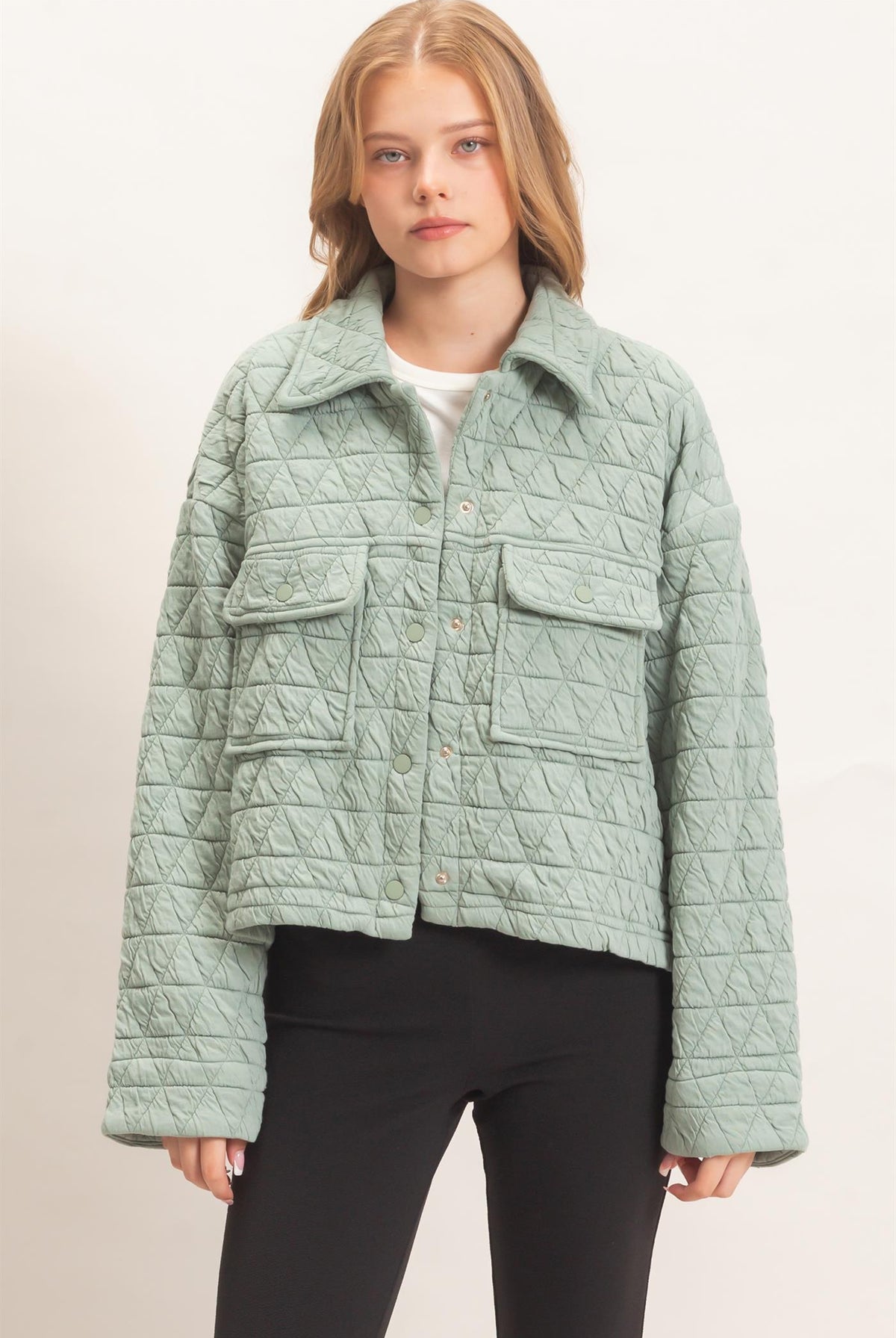 Wholesale Triangle Quilted Button-Up Jacket Coats & Jackets HF26F145 DUSTY SAGE DOUBLE ZERO